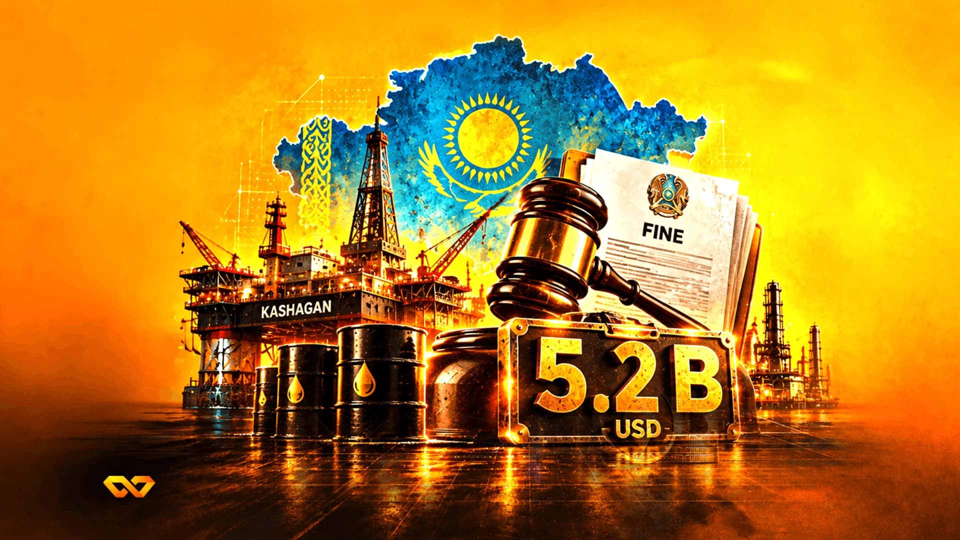 Oil rig, barrels, and a judge's gavel next to a 5.2 billion USD sign over a map of Kazakhstan.