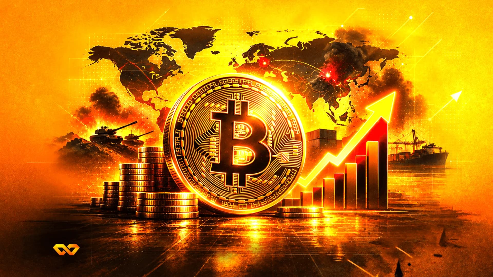 Gold Bitcoin coin centered against a world map with tanks, explosions, and a rising bar chart in fiery orange tones.