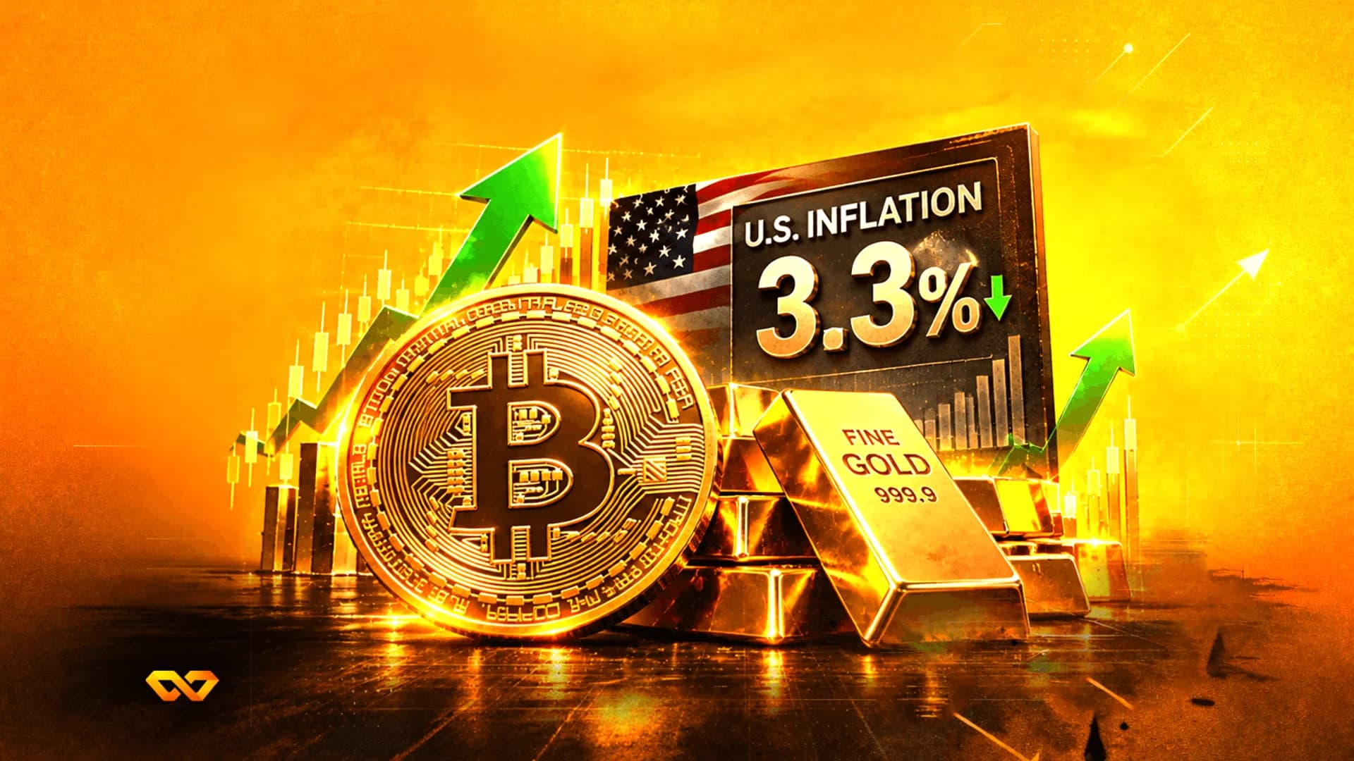 عملة بيتكوين وسبائك ذهب وعلم أمريكي بجانب لوحة تظهر تضخم بنسبة 3.3% وأسهم خضراء صاعدة.