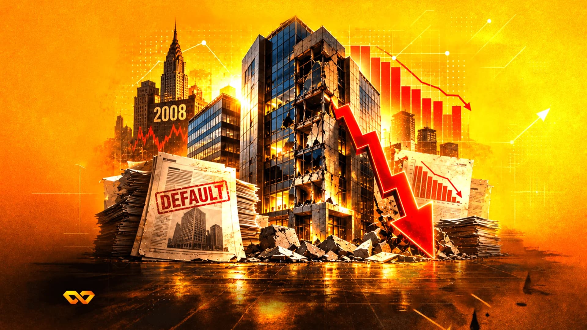 Illustration of a crumbling skyscraper with a large red downward arrow and newspapers stamped with 'DEFAULT'.