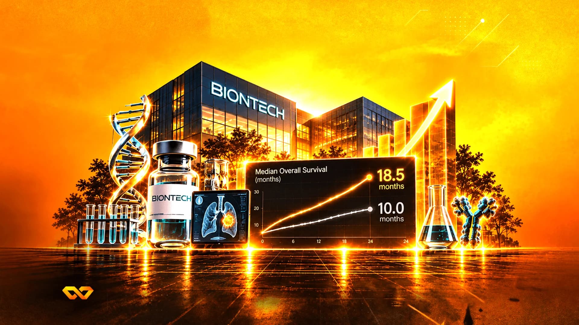 Orange digital illustration of BioNTech headquarters, DNA helix, medical equipment, and a survival rate line chart.