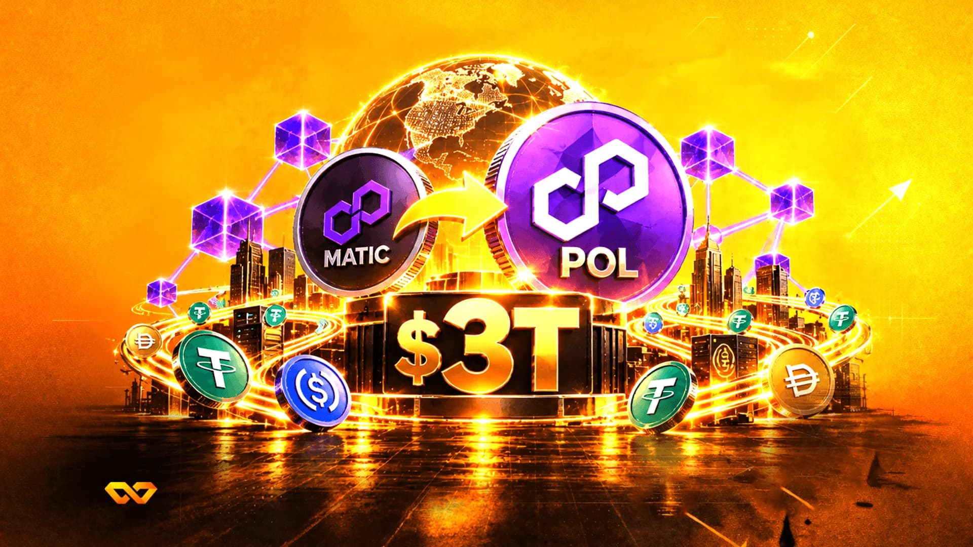 Digital illustration of MATIC and POL coins with a $3T sign over a futuristic cityscape and glowing globe.