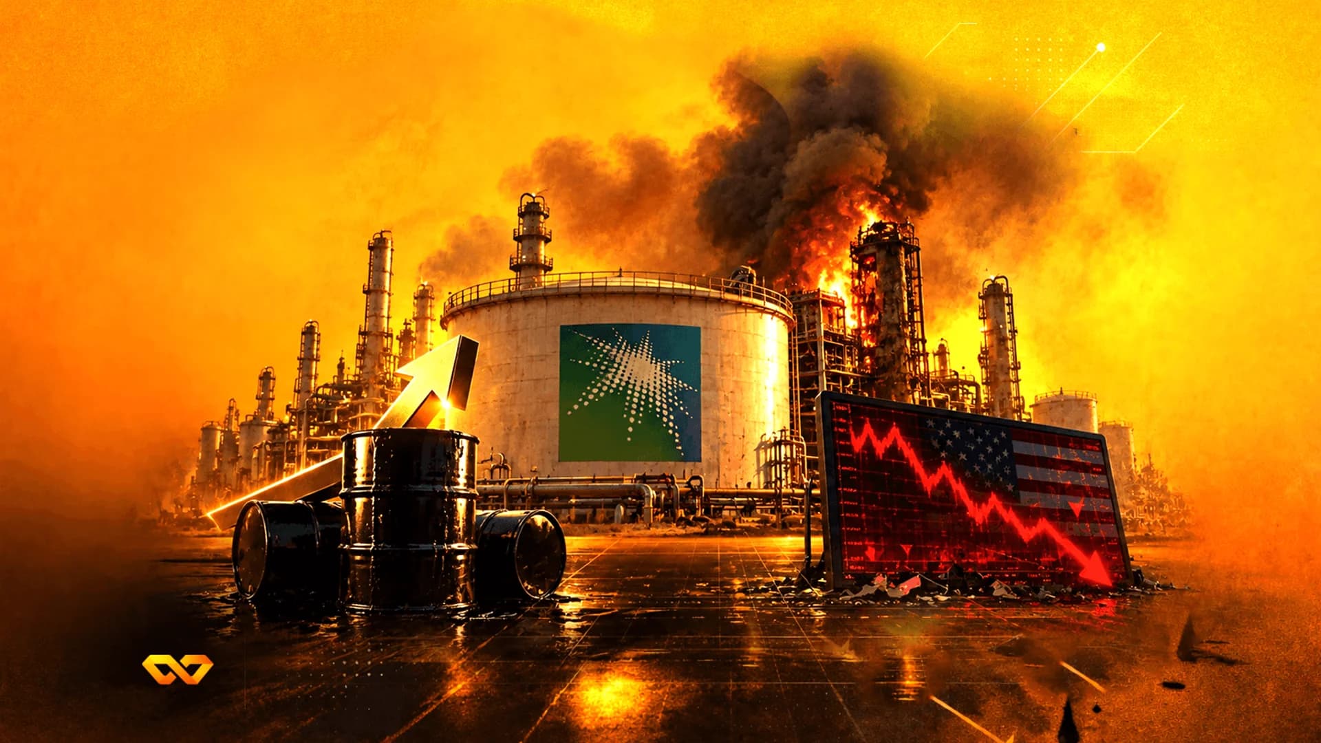 Burning oil refinery with Saudi Aramco logo, oil barrels, and a falling red chart over a US flag.