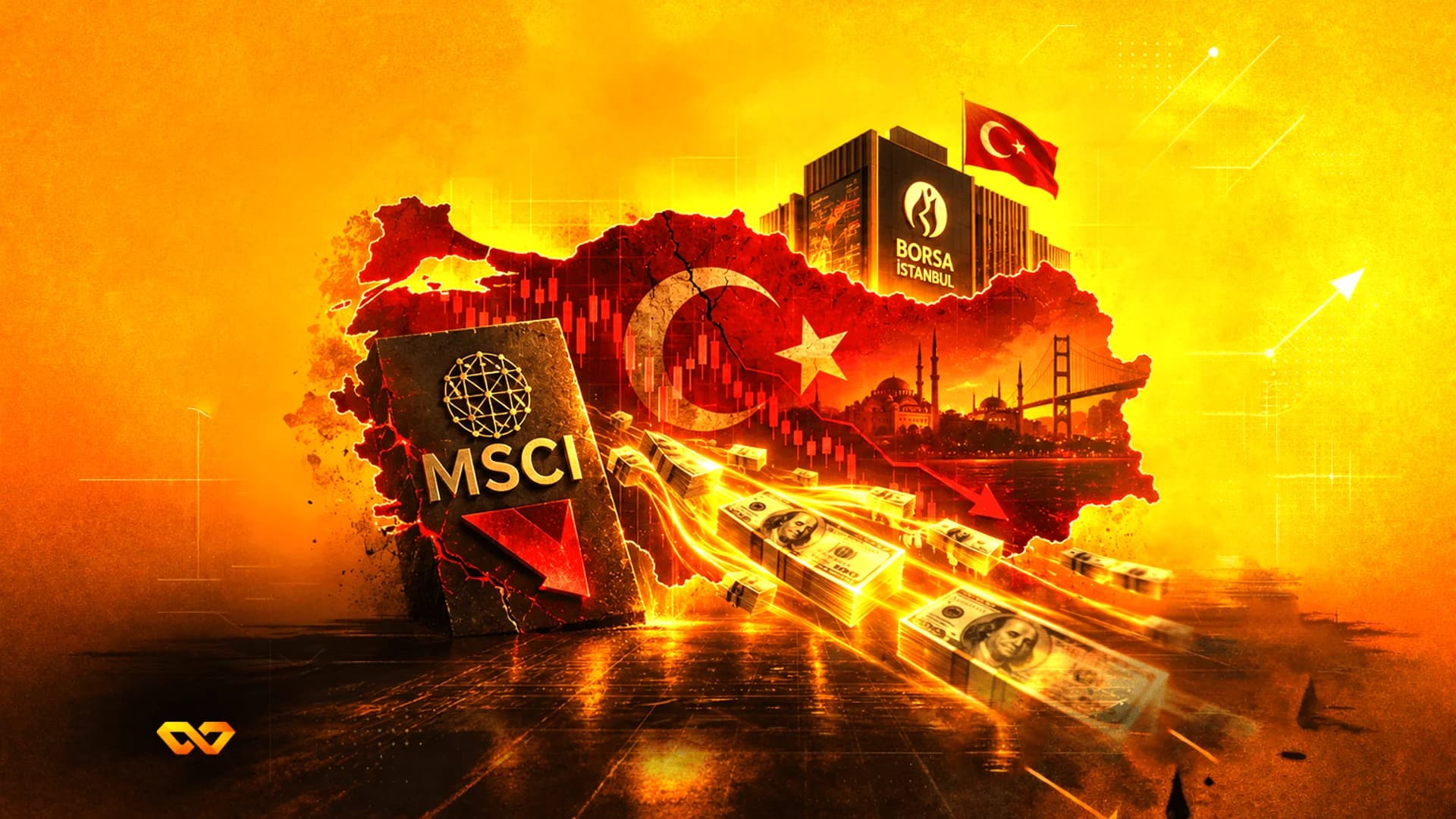 Map of Turkey with Turkish flag, MSCI logo with red arrow, Borsa Istanbul building, and flying dollar bills.