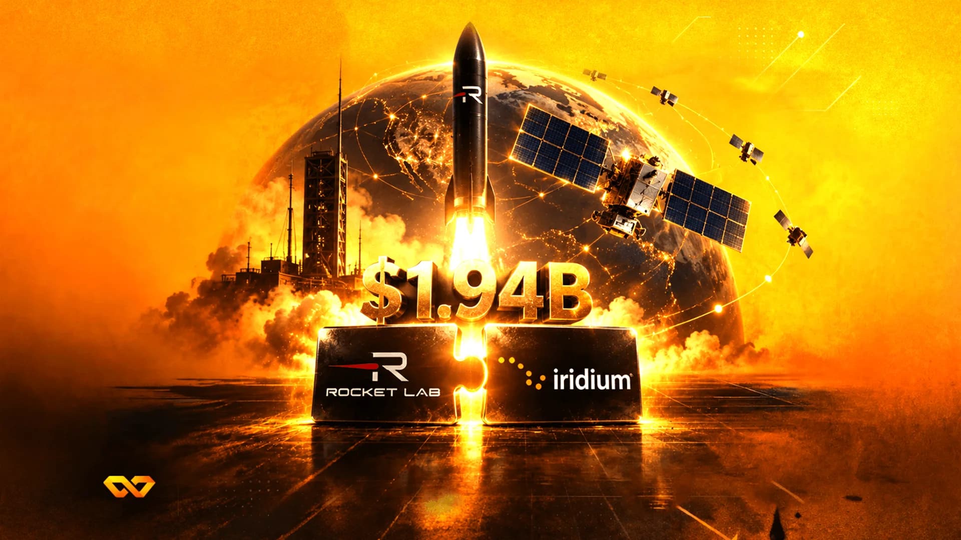 Rocket launch over Earth, satellites, $1.94B text, and Rocket Lab and Iridium logos on interlocking puzzle pieces.