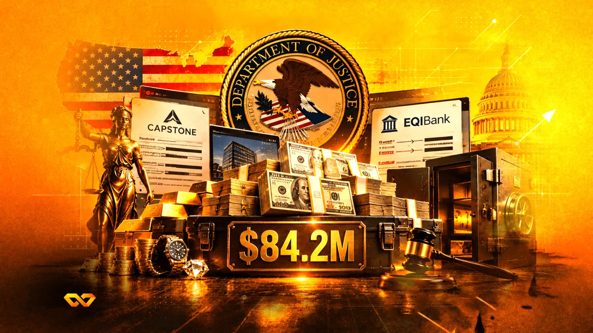 Collage with DOJ seal, US flag, Lady Justice, stacks of cash, gold bars, and a sign reading $84.2M.