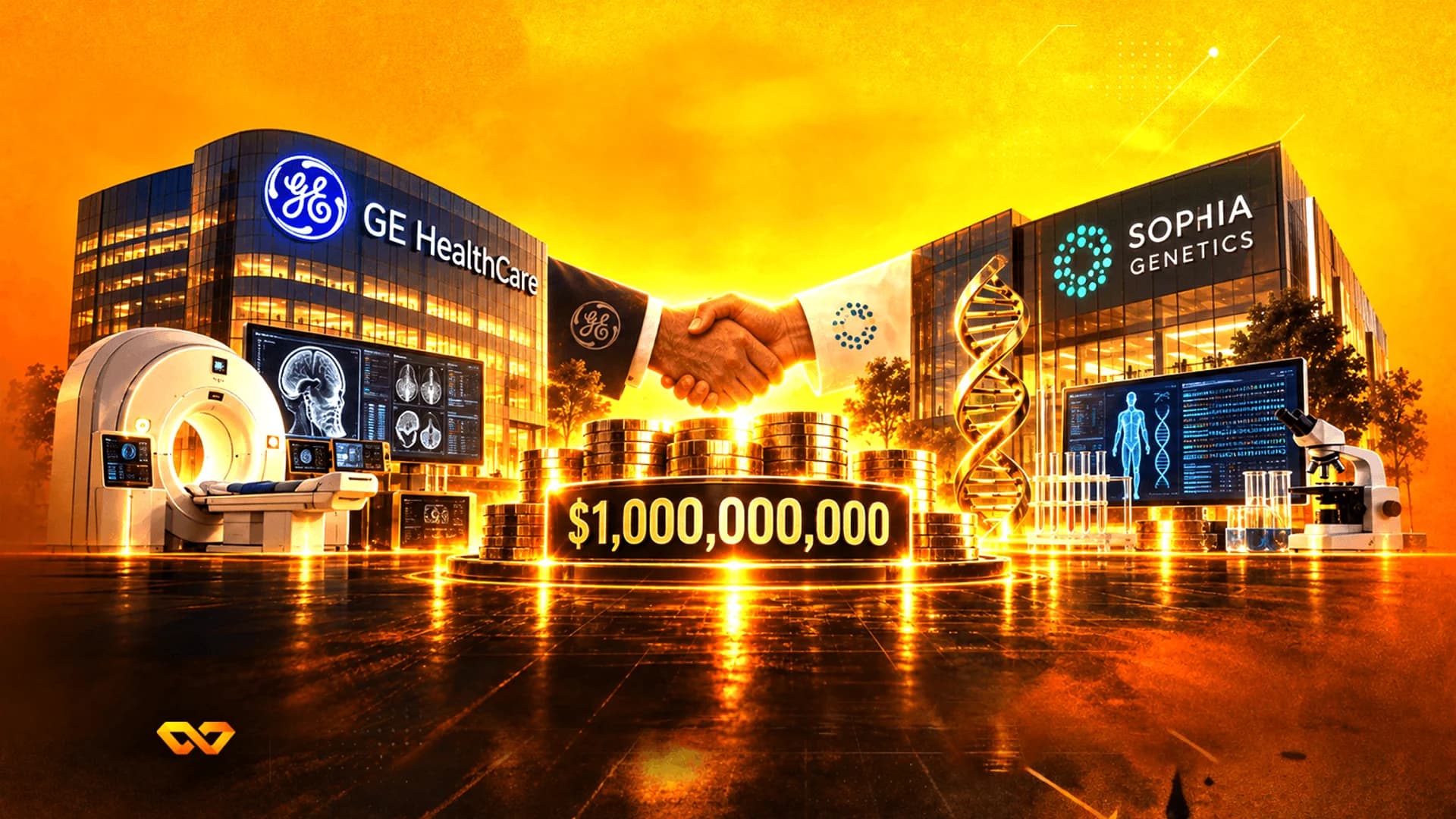 Handshake between GE HealthCare and Sophia Genetics logos over a $1 billion sign and medical equipment.