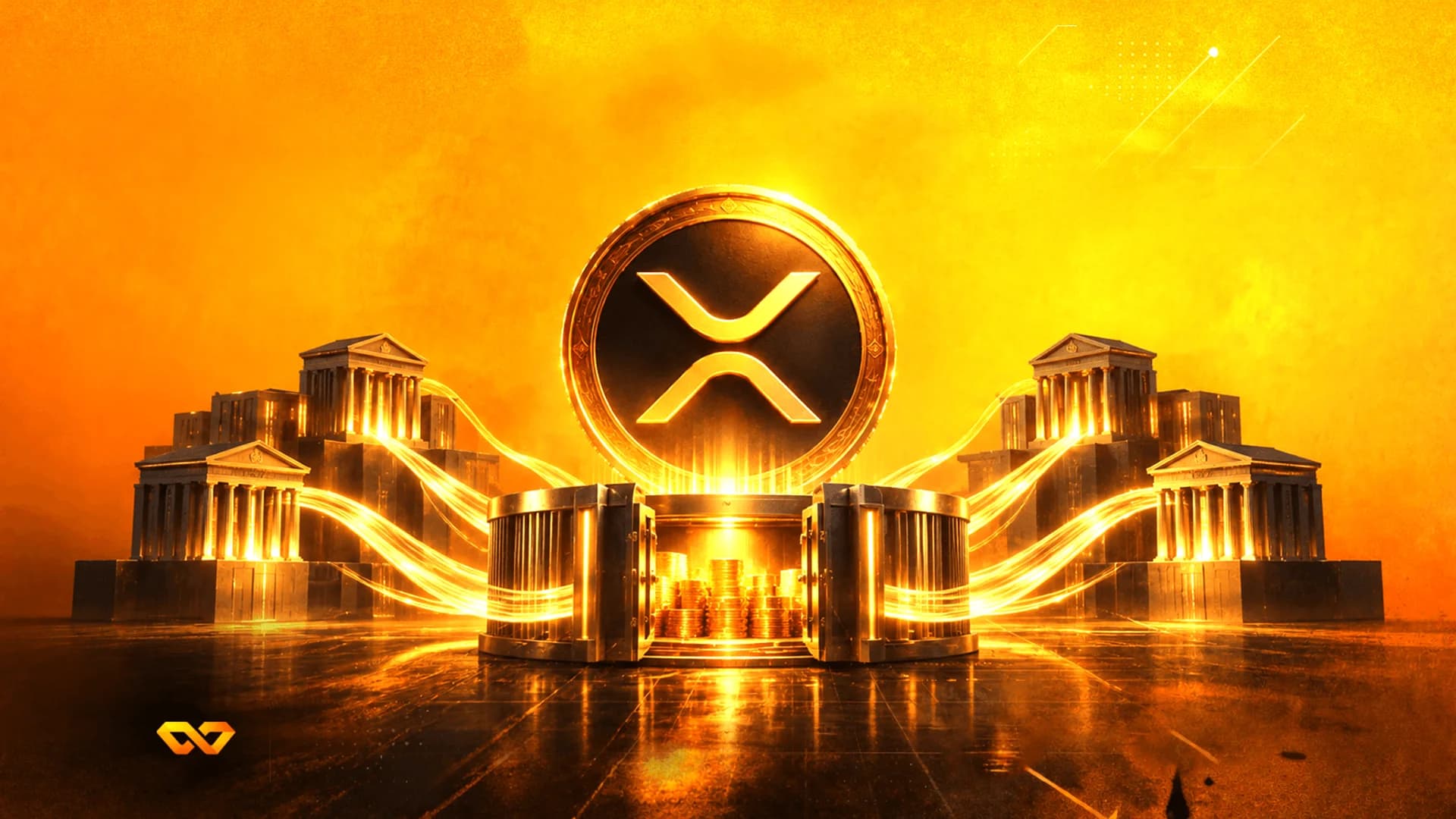 A large golden XRP coin above an open vault, connected by glowing light beams to classical temple buildings.