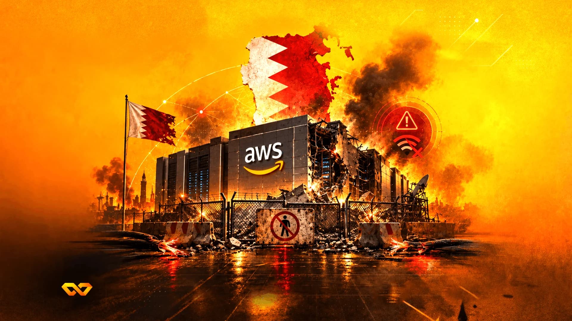 Damaged AWS data center building amidst fire and smoke, featuring the Bahrain flag and a map of Bahrain.