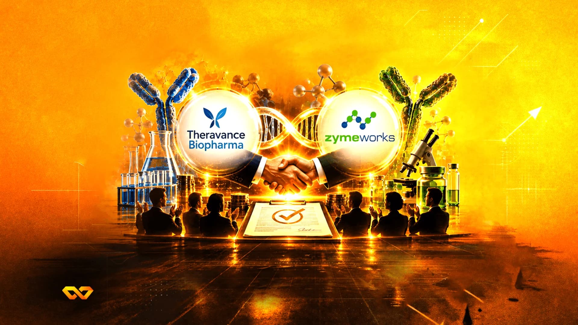 Handshake between two suits with Theravance Biopharma and Zymeworks logos, surrounded by lab equipment.