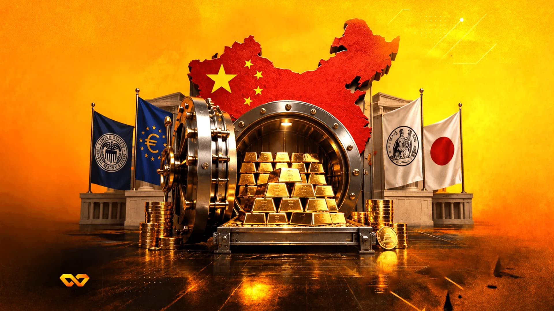 An open bank vault filled with gold bars, set against a map of China with various international flags.