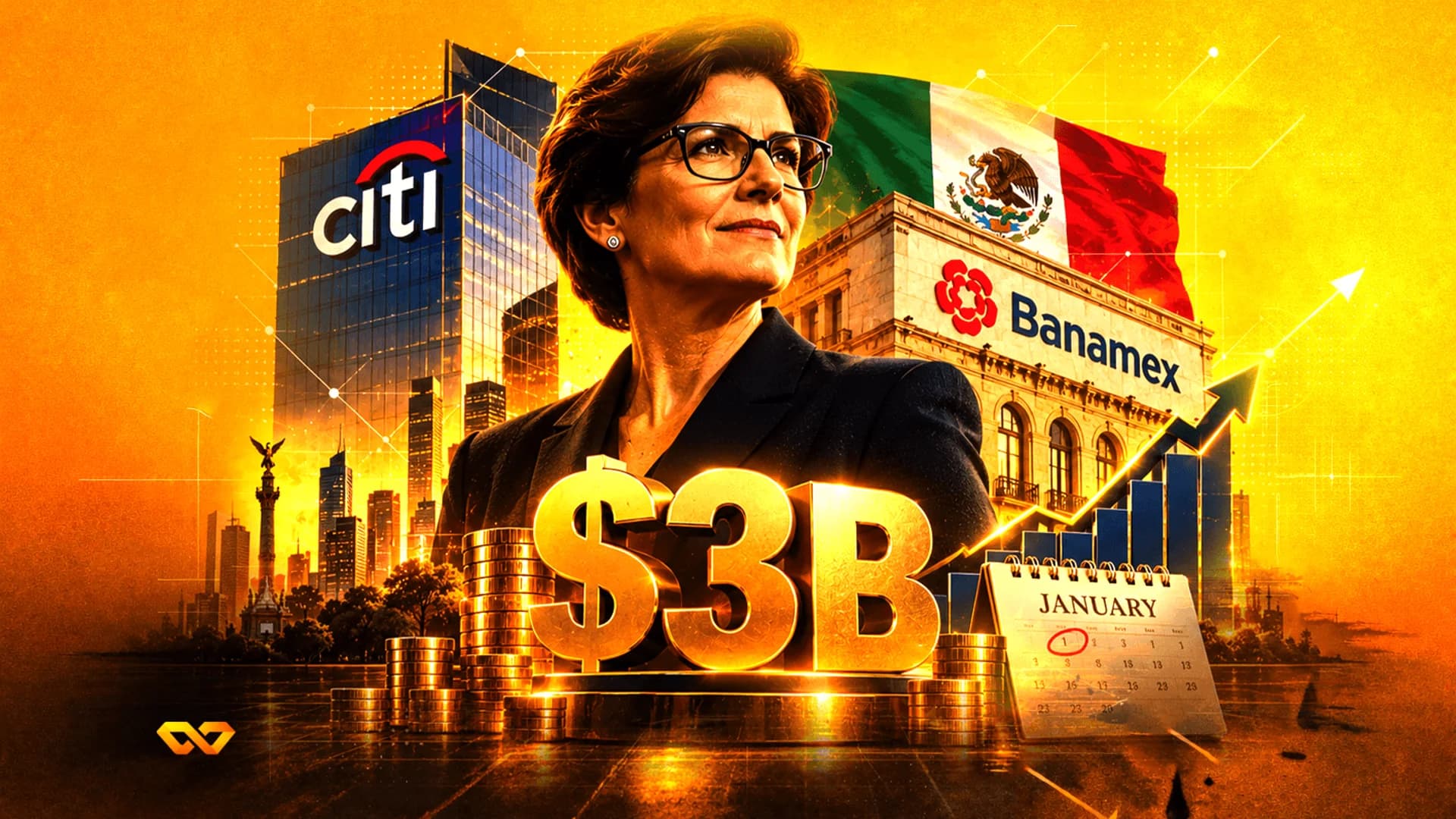 Portrait of a woman in glasses over a collage with Citi and Banamex logos, Mexican flag, and $3B text.
