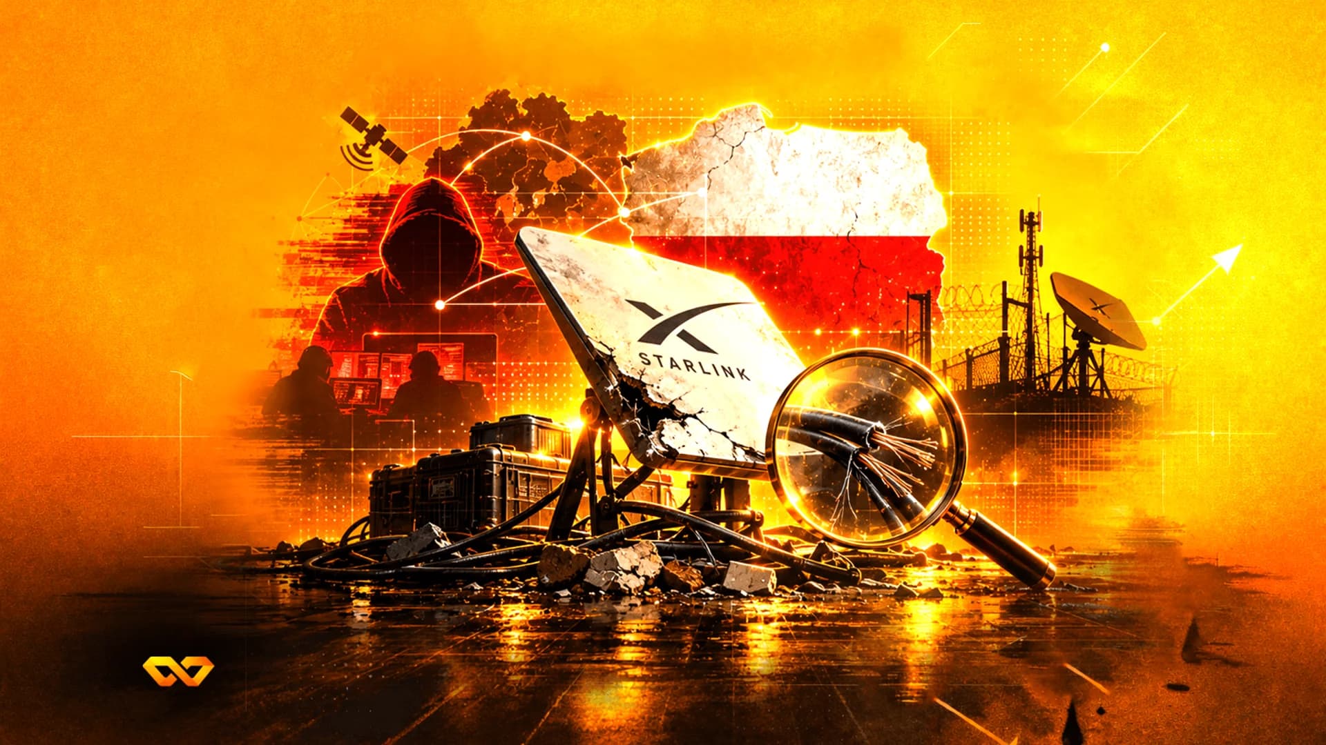 Damaged Starlink dish, magnifying glass over cut cables, hooded hacker, and Poland flag on an orange background.