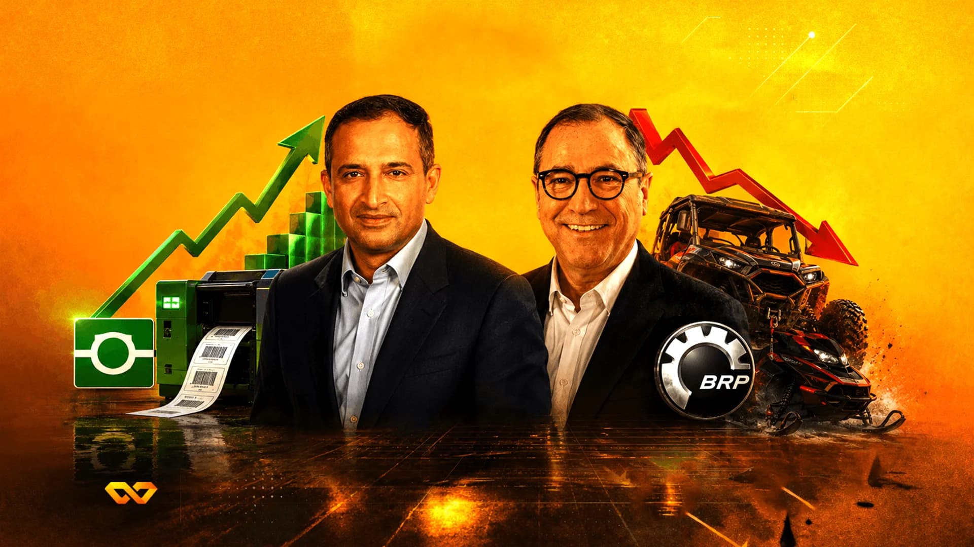 Two men in suits against an orange background with financial charts, a label printer, and recreational vehicles.