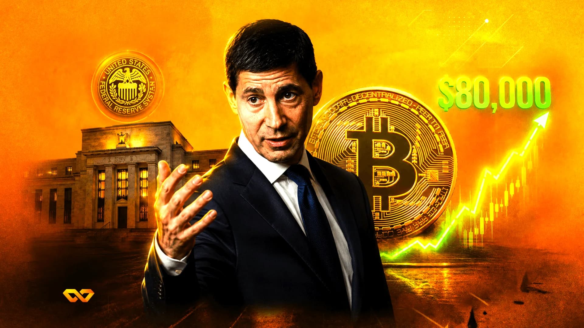 Man in suit with Bitcoin coin, Federal Reserve building, and a price chart rising to $80,000.