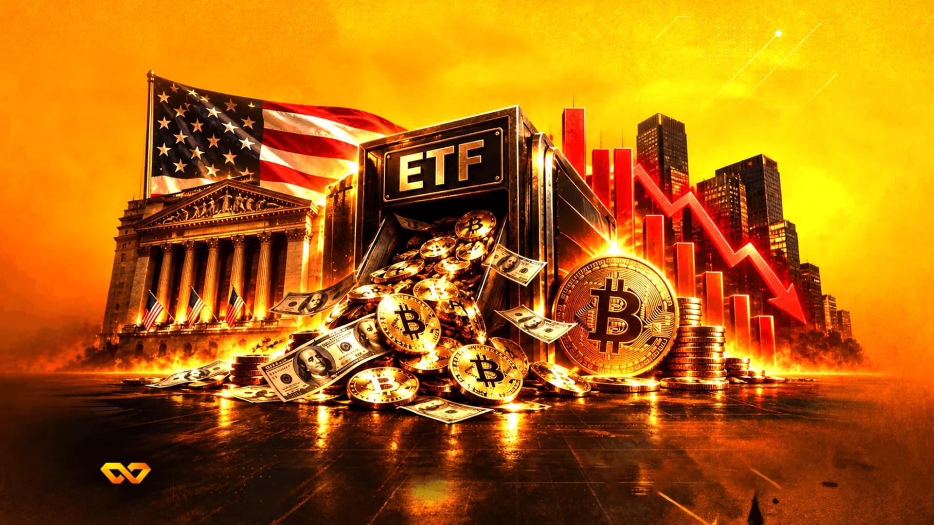 Bitcoin coins and dollar bills spill from an ETF box against a backdrop of a US flag and a falling red chart.