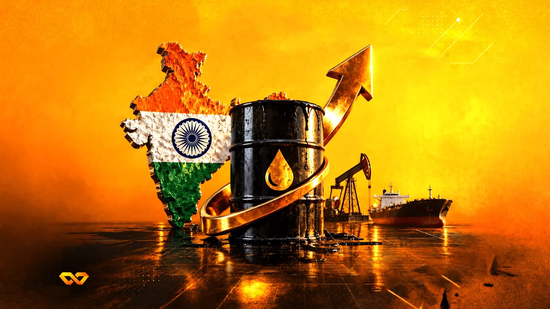 Map of India in flag colors next to an oil barrel and a rising golden arrow on an orange background.