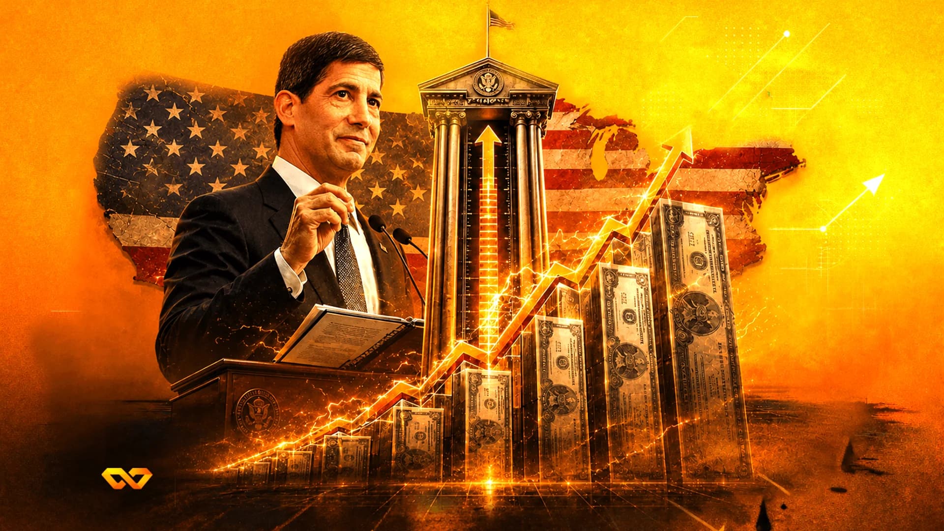 Man at a podium with a US map background, rising bar charts made of dollar bills, and a golden arrow.