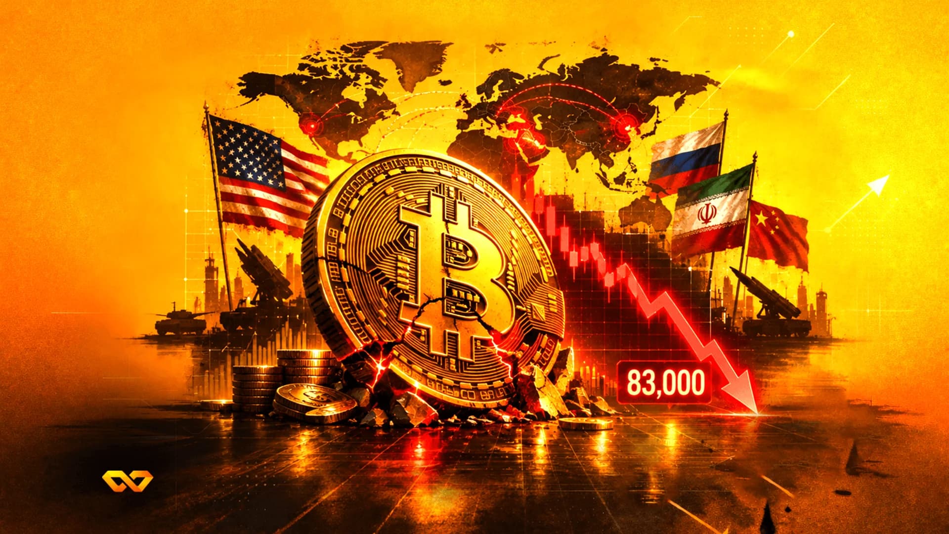 عملة بيتكوين متصدعة مع أعلام أمريكا وروسيا وإيران والصين، دبابات عسكرية، وسهم أحمر هابط للسعر.
