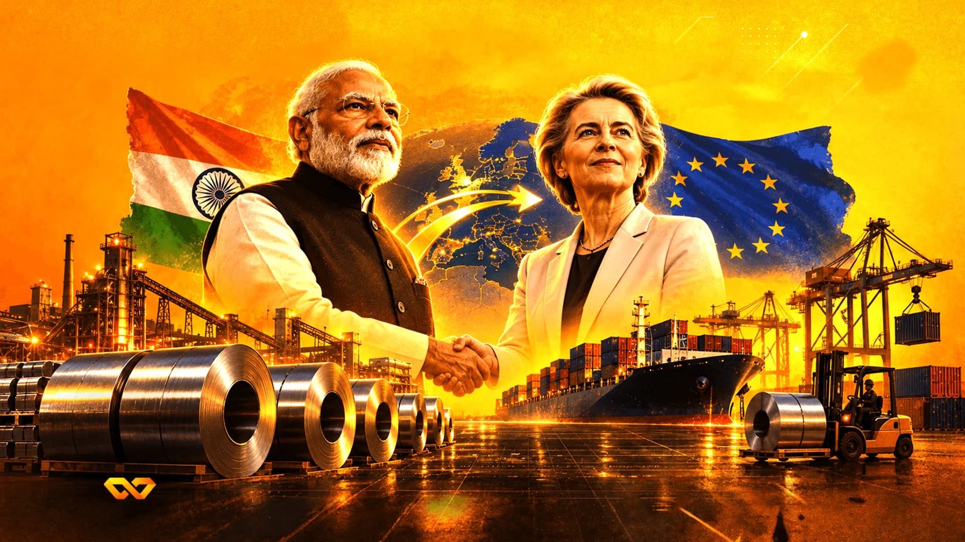 Narendra Modi and Ursula von der Leyen shaking hands with Indian and EU flags, cargo ships, and steel coils behind.