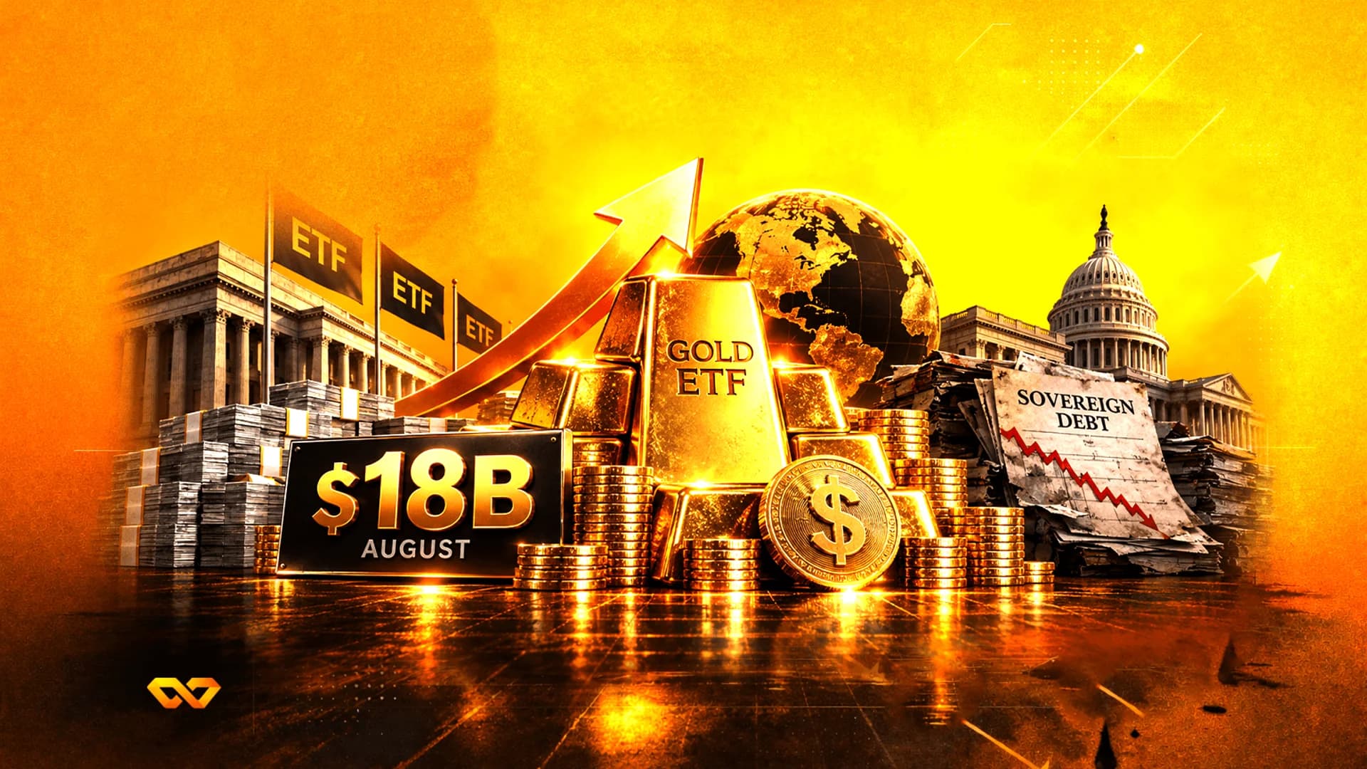Gold bars, coins, and a globe in front of the US Capitol with a sign reading $18B August and sovereign debt papers.
