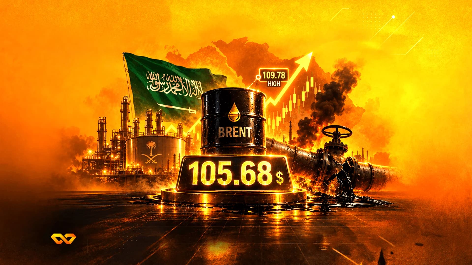 Oil barrel labeled BRENT with a price display of 105.68 against a Saudi flag and refinery background.