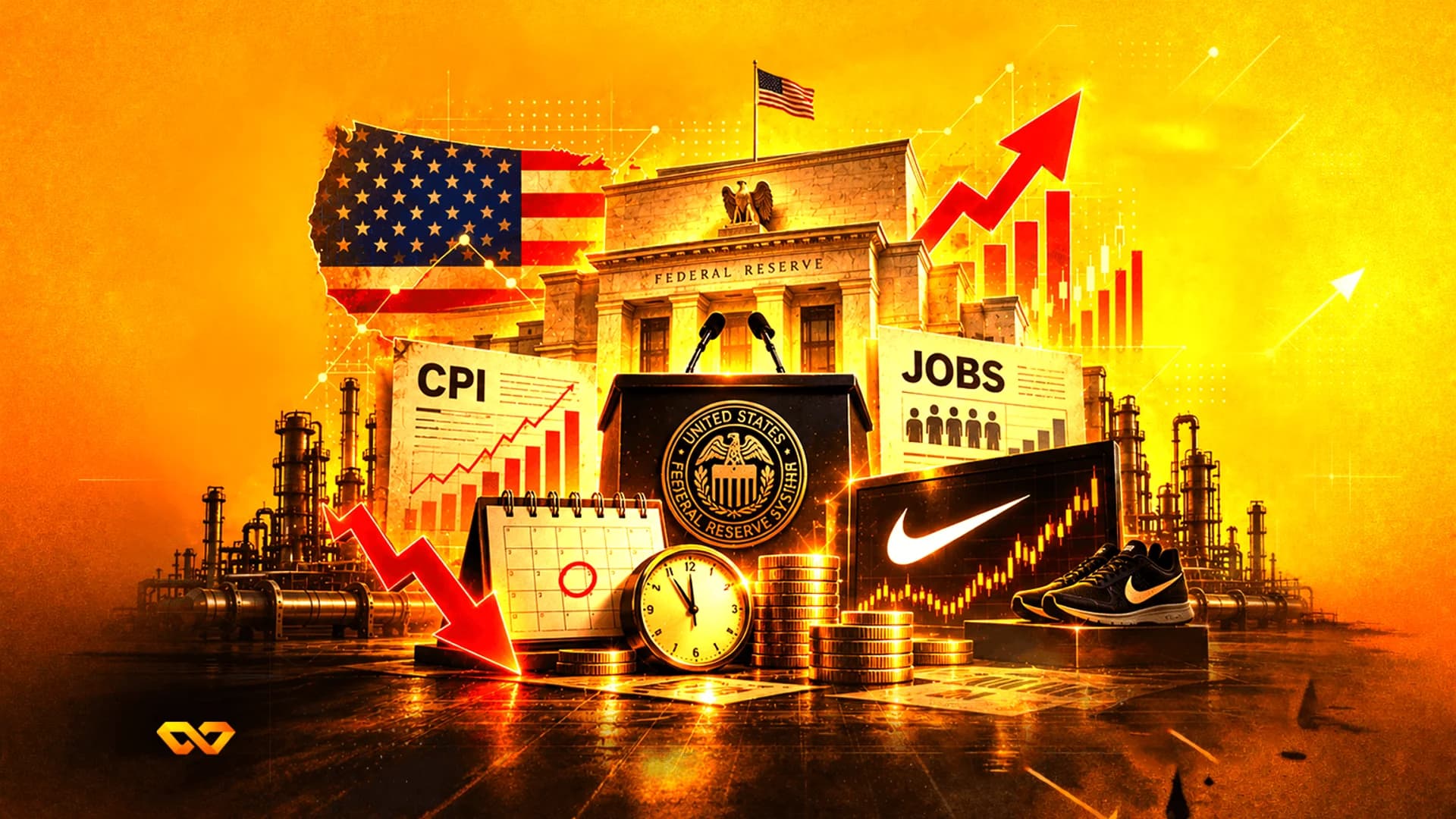 Collage featuring the Federal Reserve building, US flag, CPI and Jobs charts, Nike logo, and gold coins.