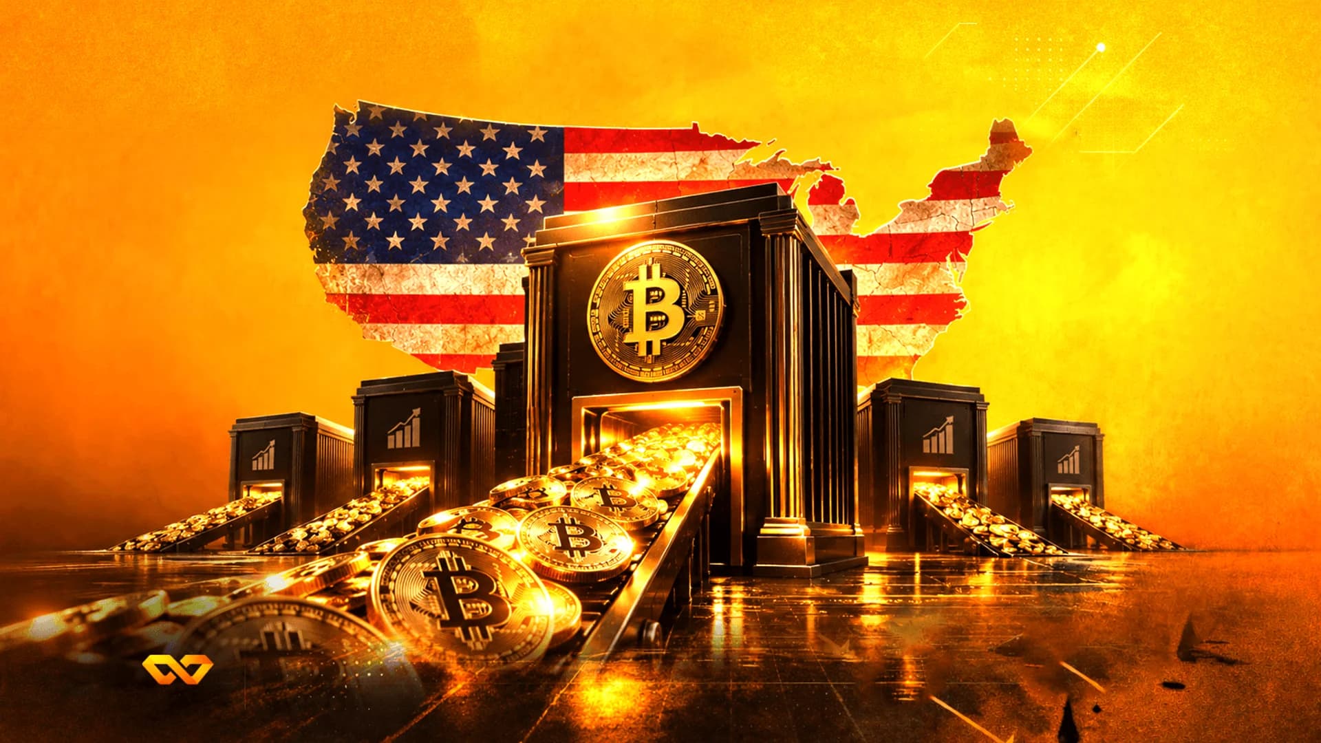 Bitcoin coins flowing from a black vault in front of a USA map with an American flag pattern on a golden background.