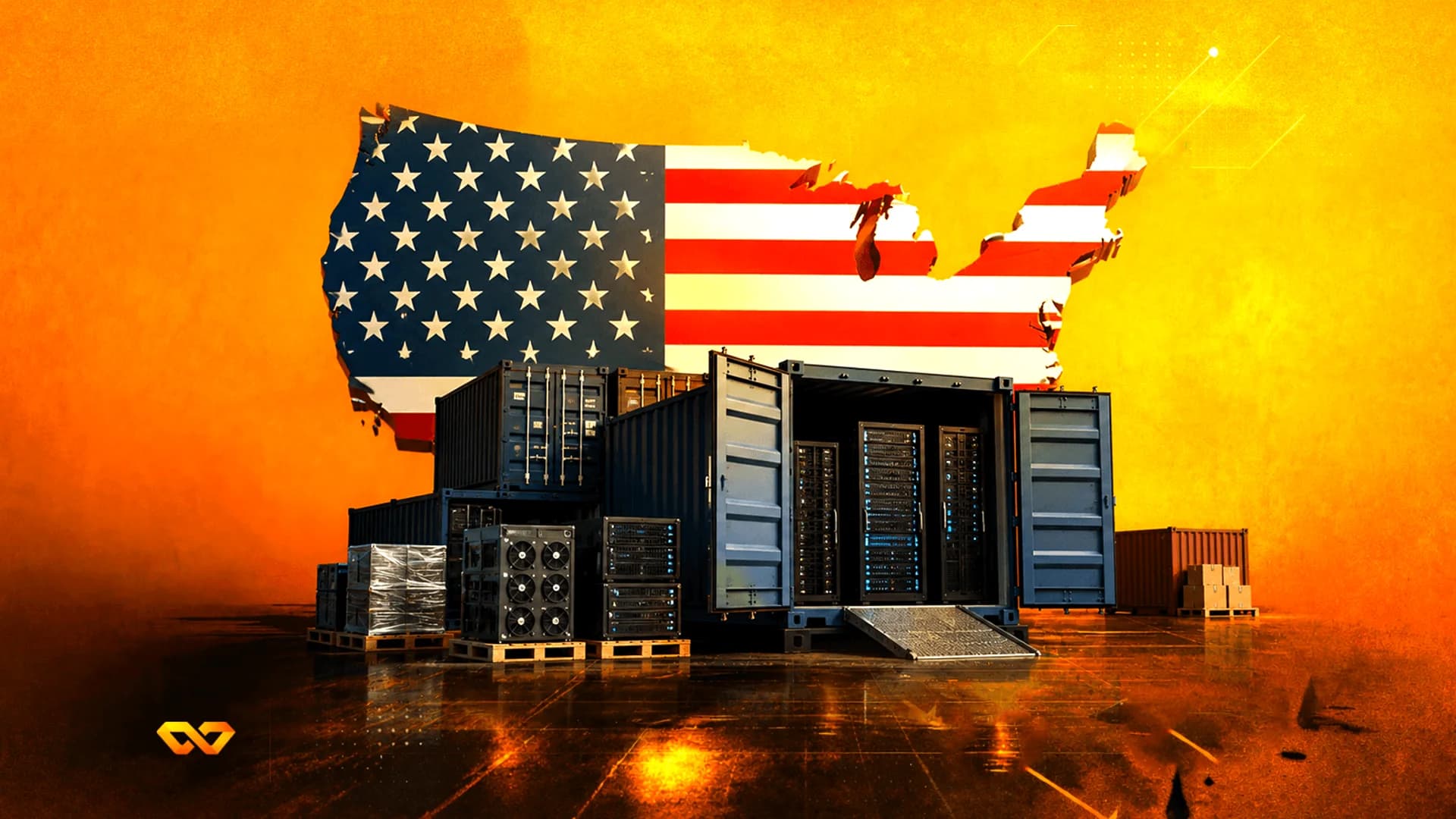 A map of the USA with the American flag pattern positioned over open shipping containers housing server racks.