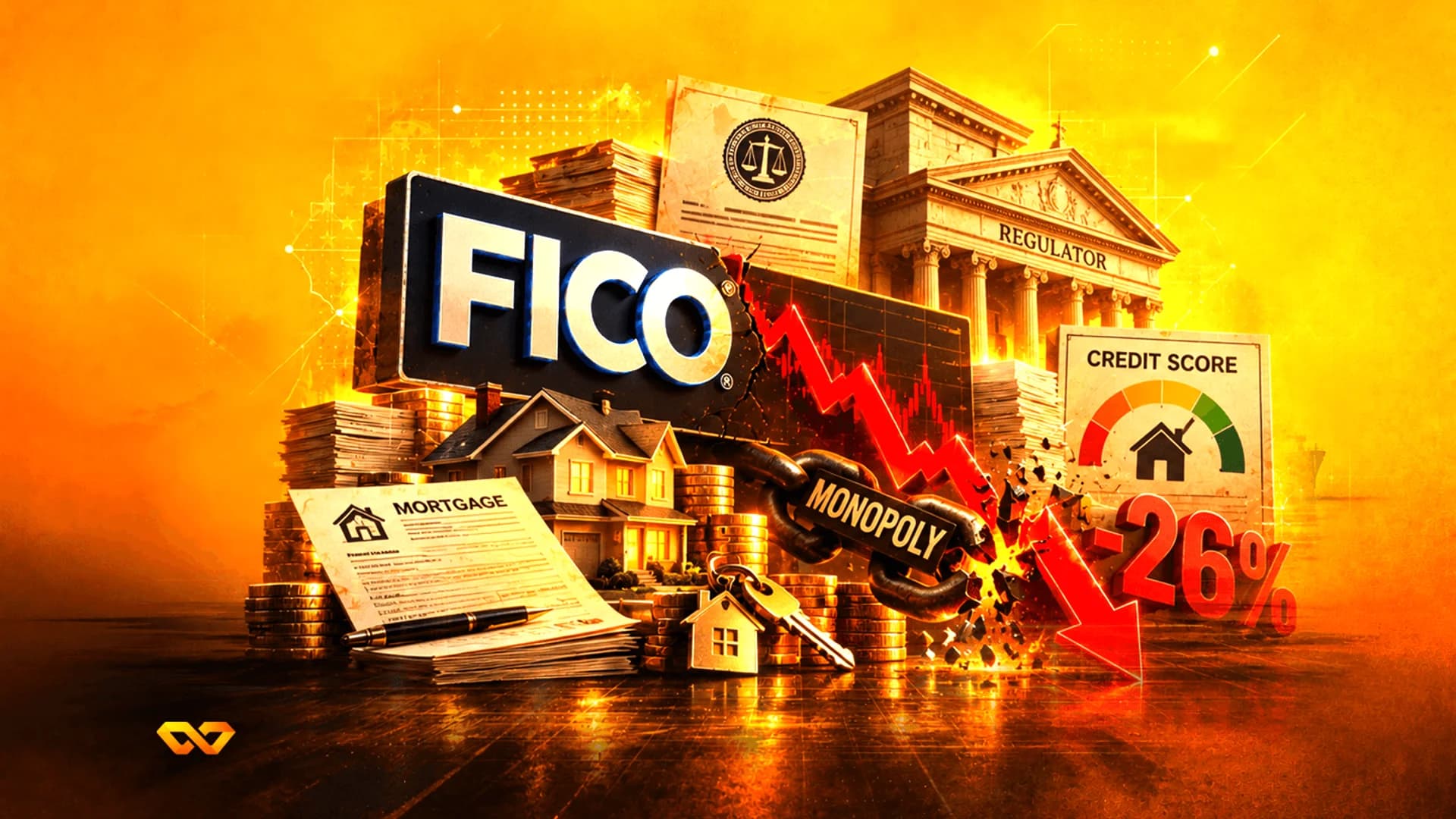 FICO logo on a sign above a mortgage document, house model, and a red arrow breaking a chain labeled monopoly.