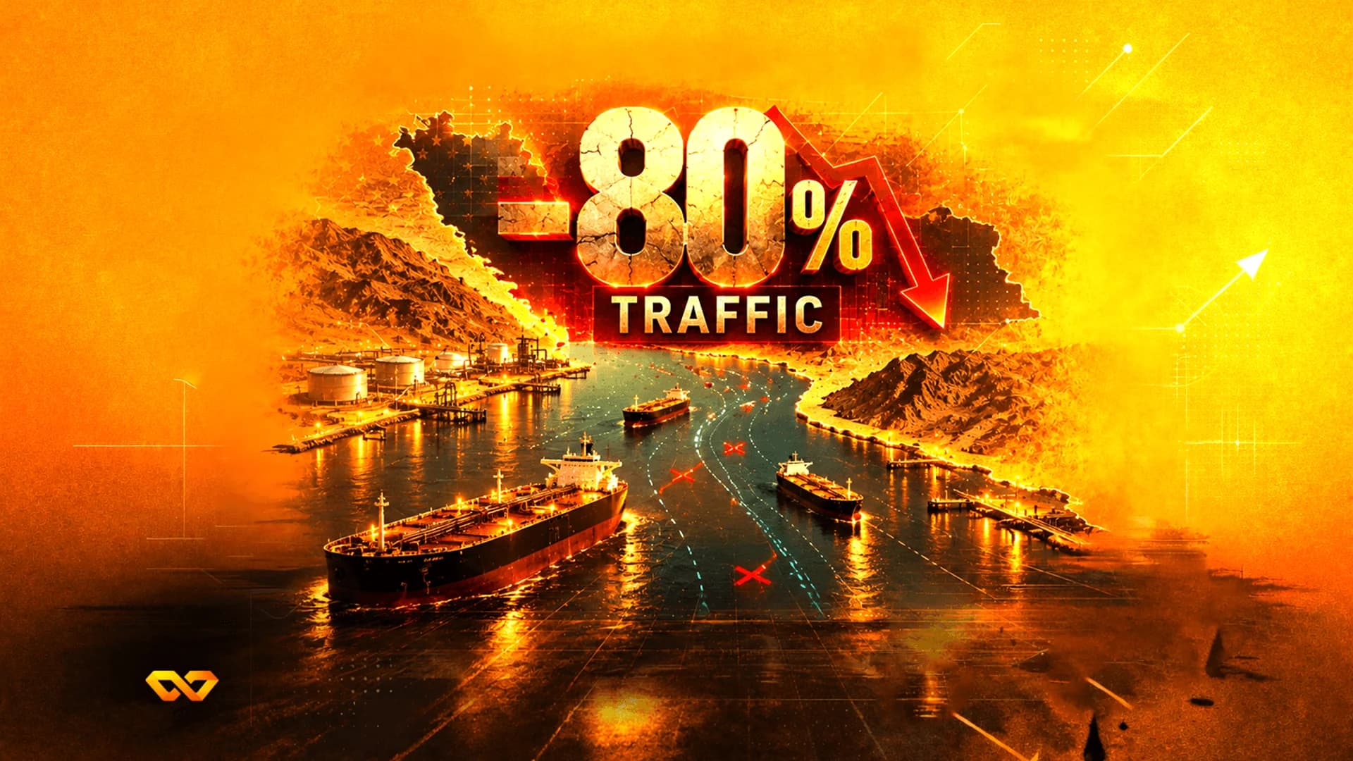 رسم توضيحي لسفن شحن في ممر مائي مع نص كبير -80% حركة المرور وسهم أحمر يشير للأسفل.