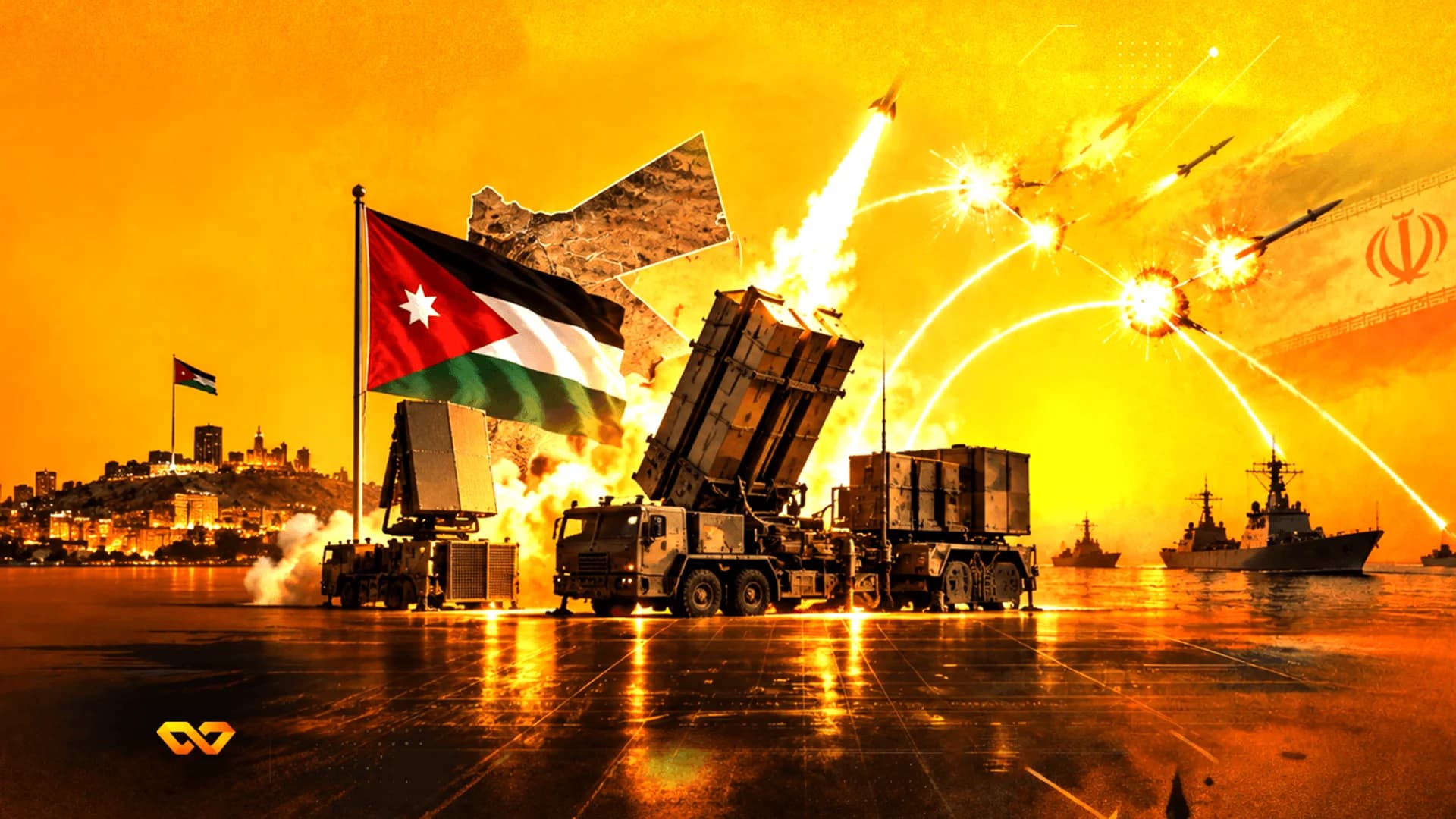 Digital collage of a missile defense system firing, the Jordanian flag, a map, and warships under an orange sky.