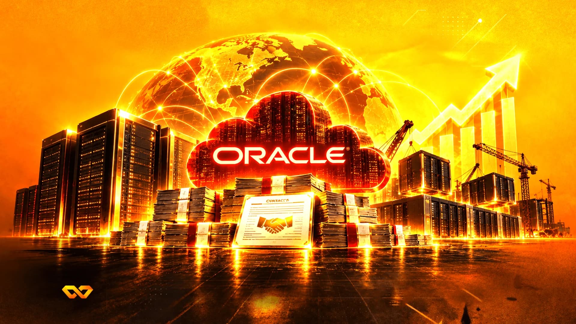 Oracle logo on a glowing cloud surrounded by server racks, stacks of cash, and a rising financial growth chart.
