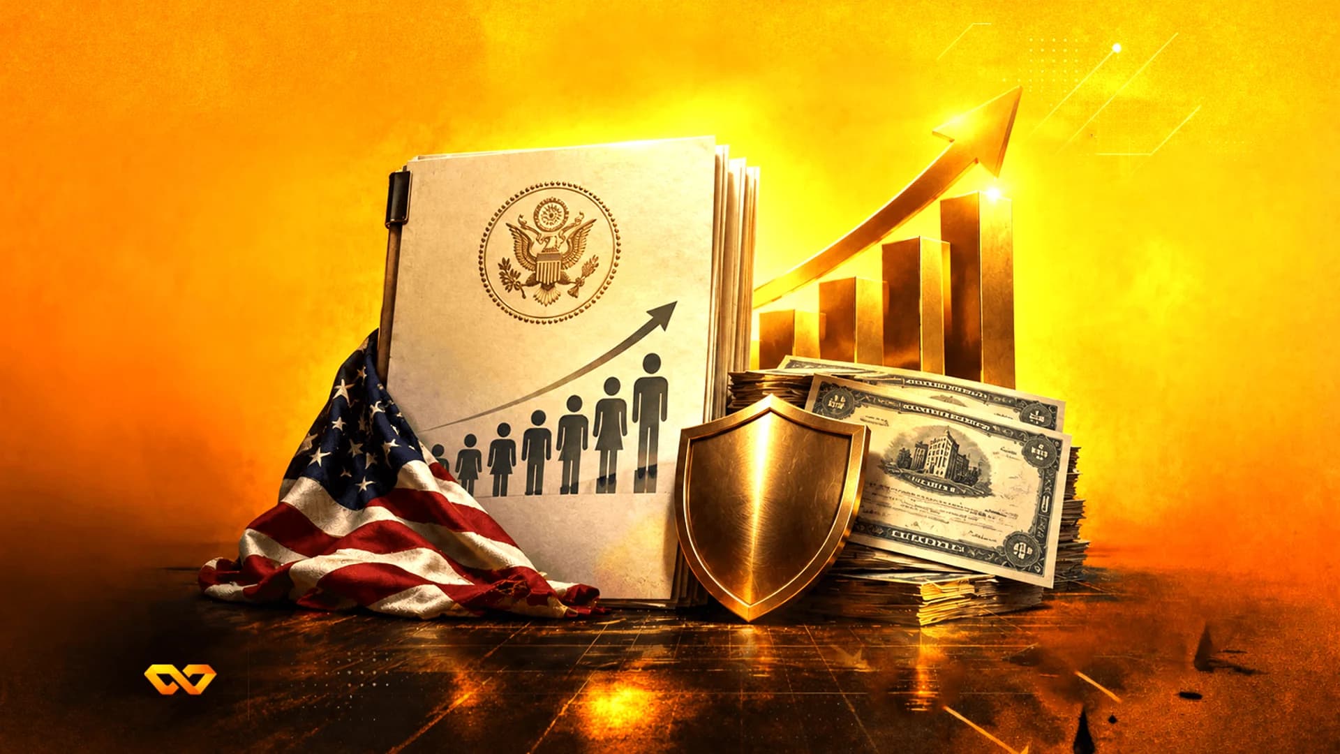 US government document with Great Seal, American flag, golden shield, and rising bar chart on a golden background.