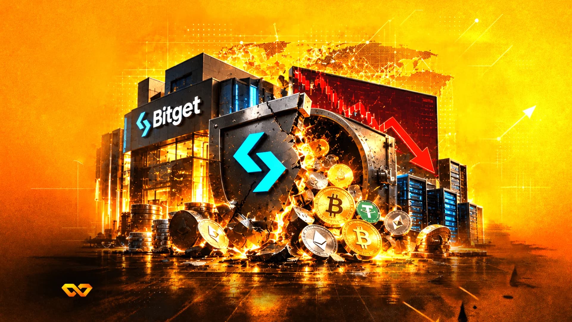 Bitget building and shield with a vault spilling crypto coins next to a red downward-trending line chart.