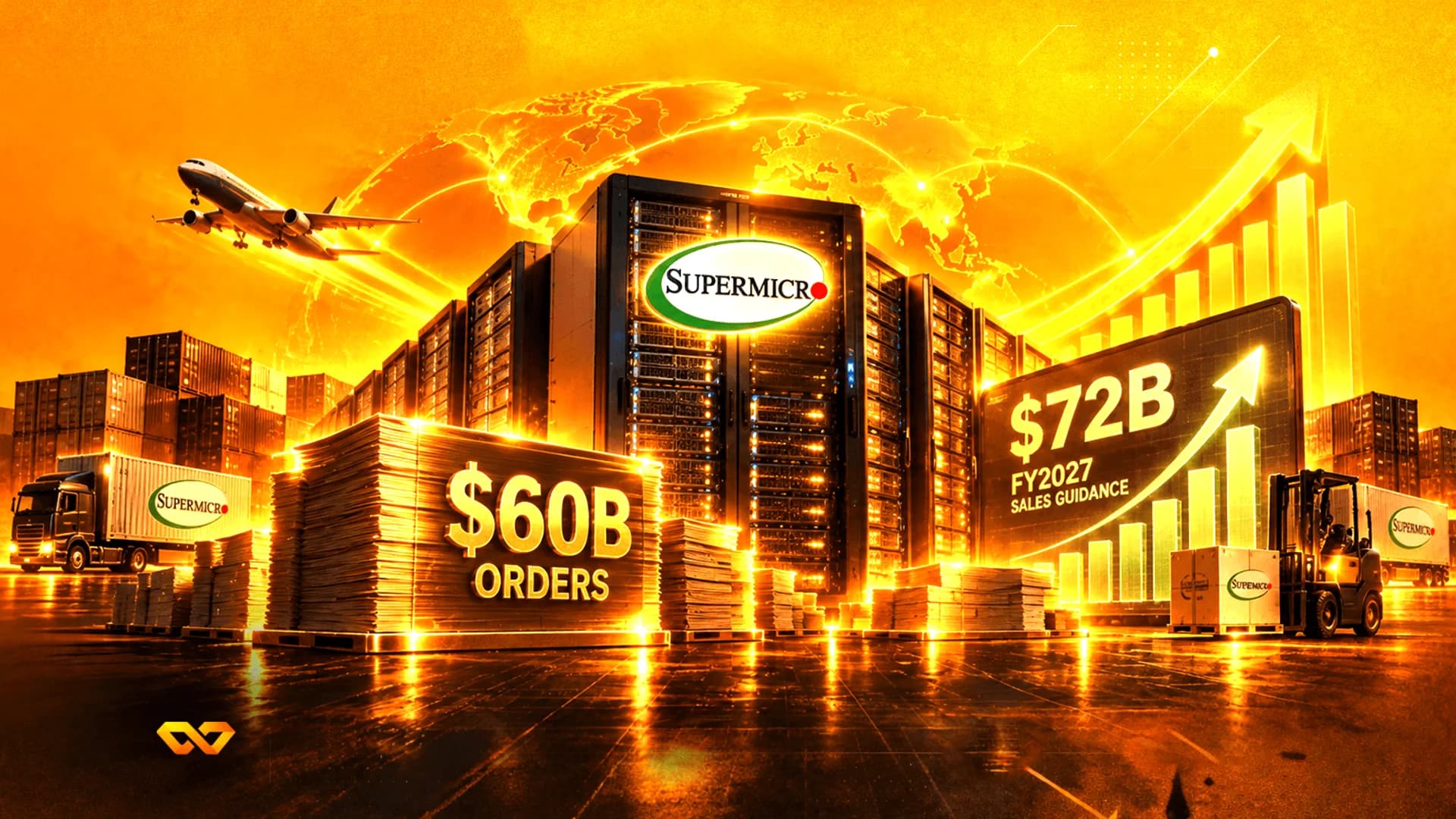 Golden illustration of Supermicro servers, trucks, and a plane with $60B orders and $72B sales guidance text.