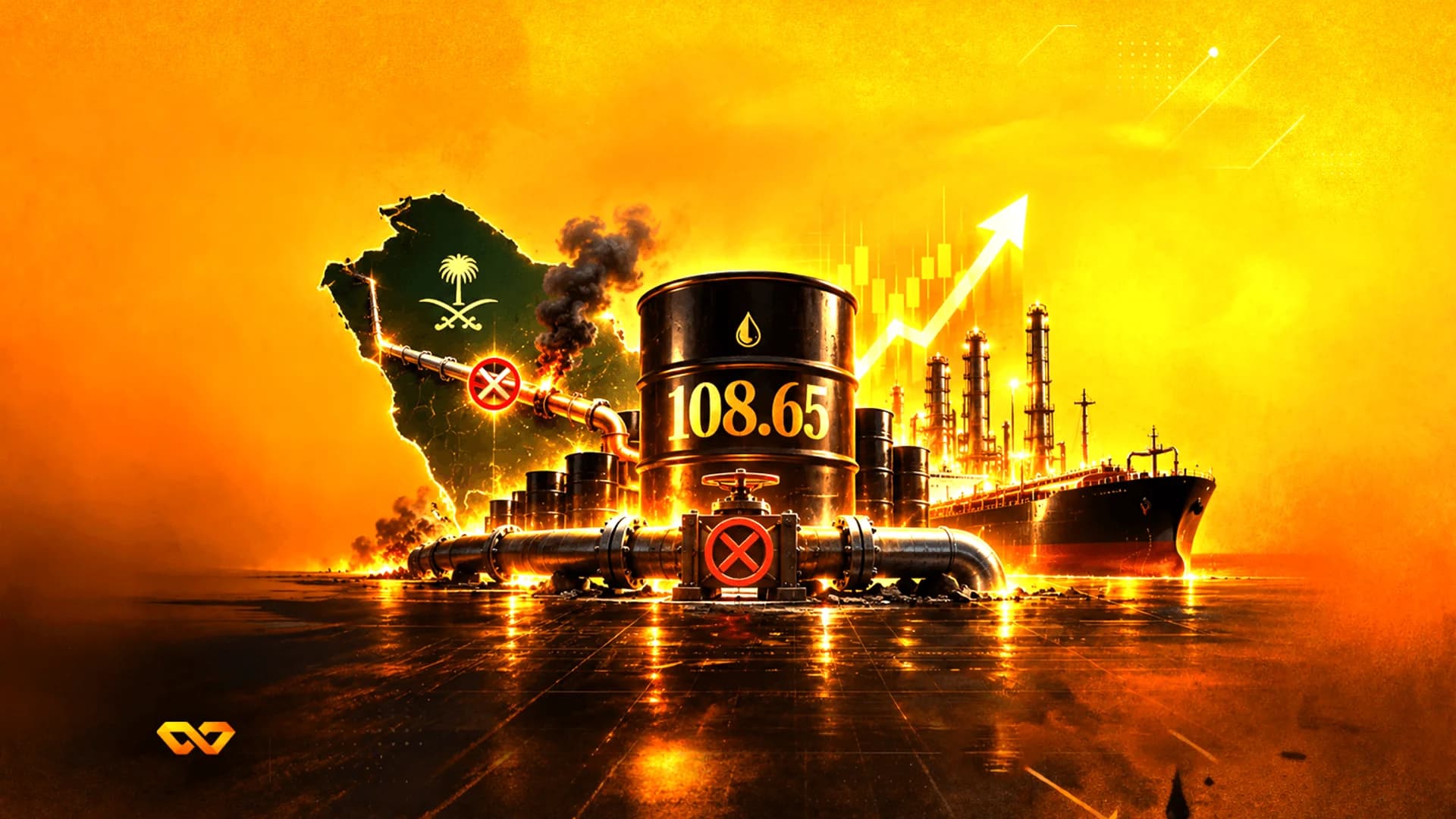 Oil barrel with 108.65 price, Saudi Arabia map, refinery, and rising chart on a fiery orange background.