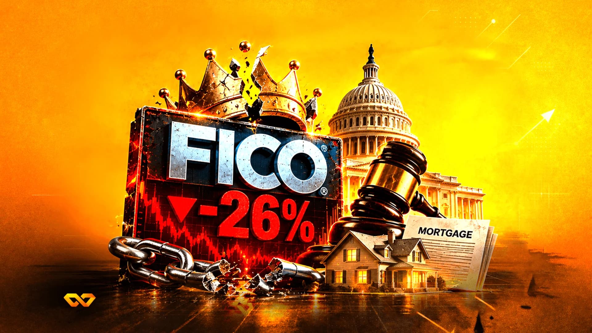 FICO logo with -26% drop, a crown, gavel, house, and the US Capitol building on an orange background.