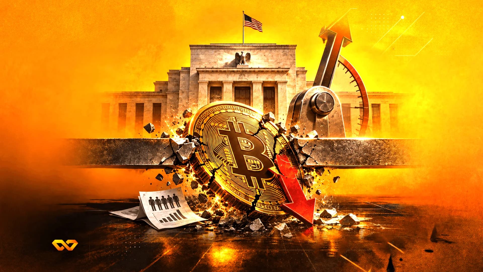 Bitcoin coin breaking through a bar in front of the US Federal Reserve building with a red downward arrow.