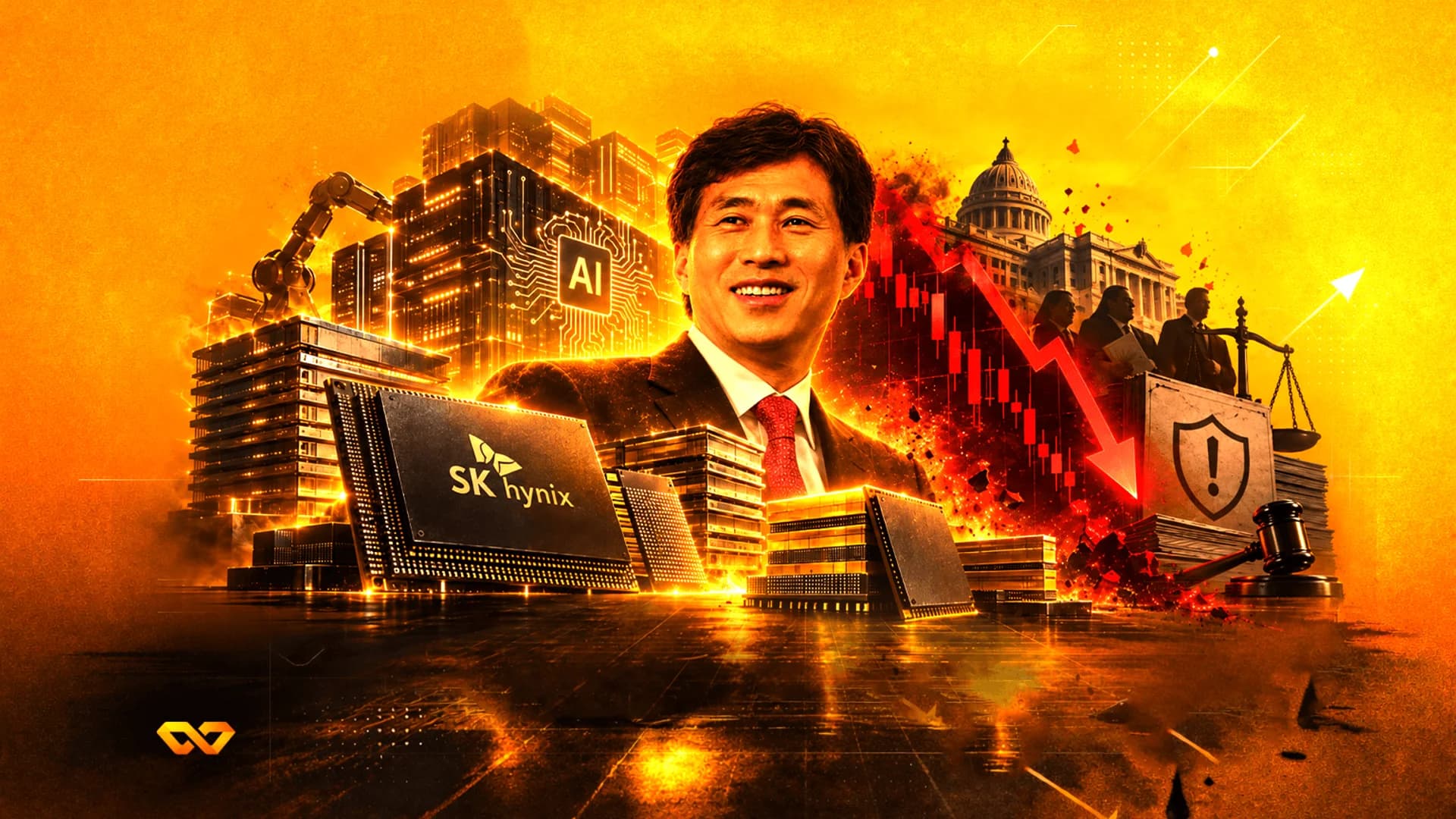 Collage with a man's portrait, SK Hynix chip, AI building, red stock chart, and legal symbols in orange tones.