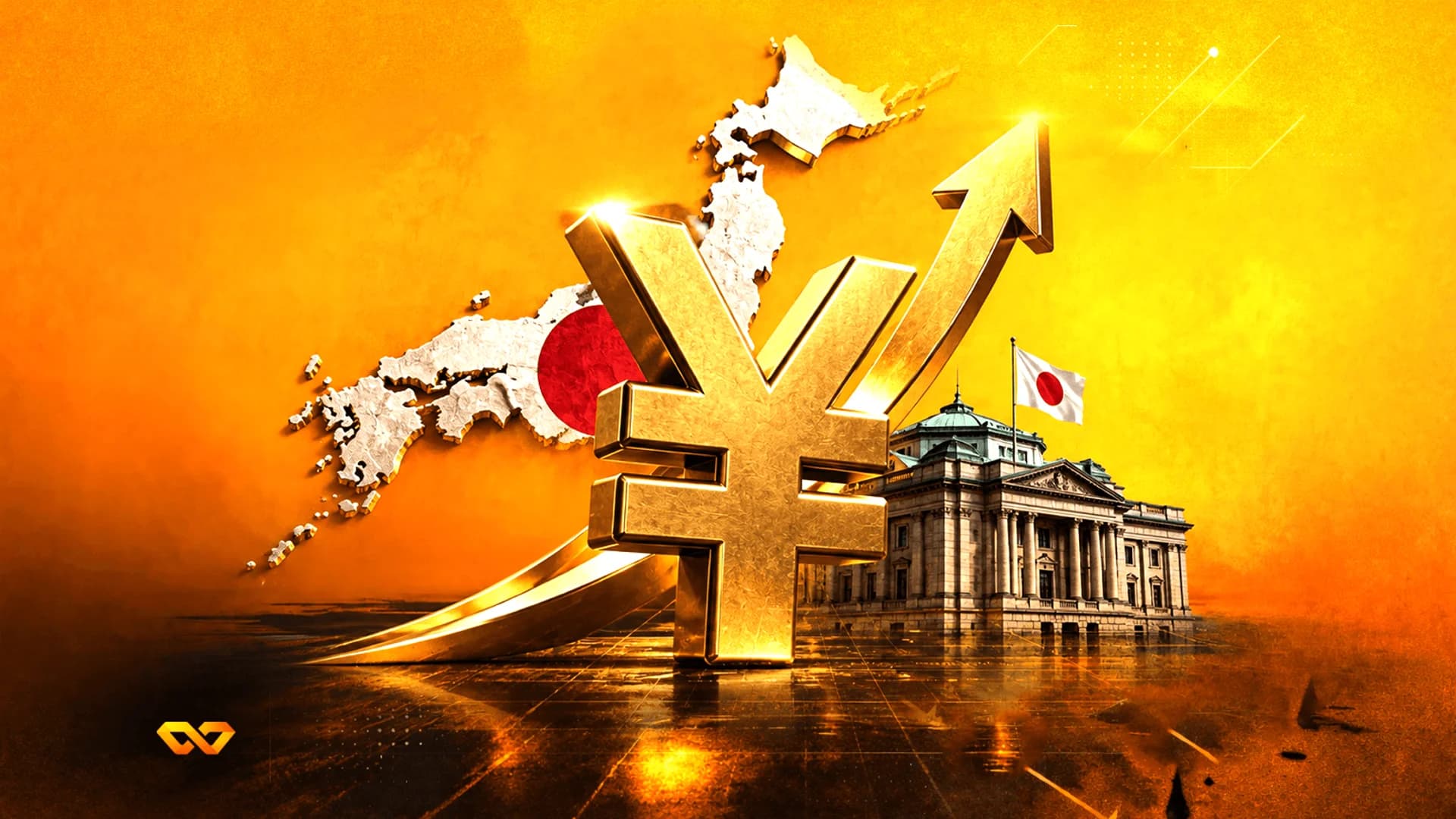 Golden Yen symbol with an upward arrow in front of a map of Japan and a classical government building.