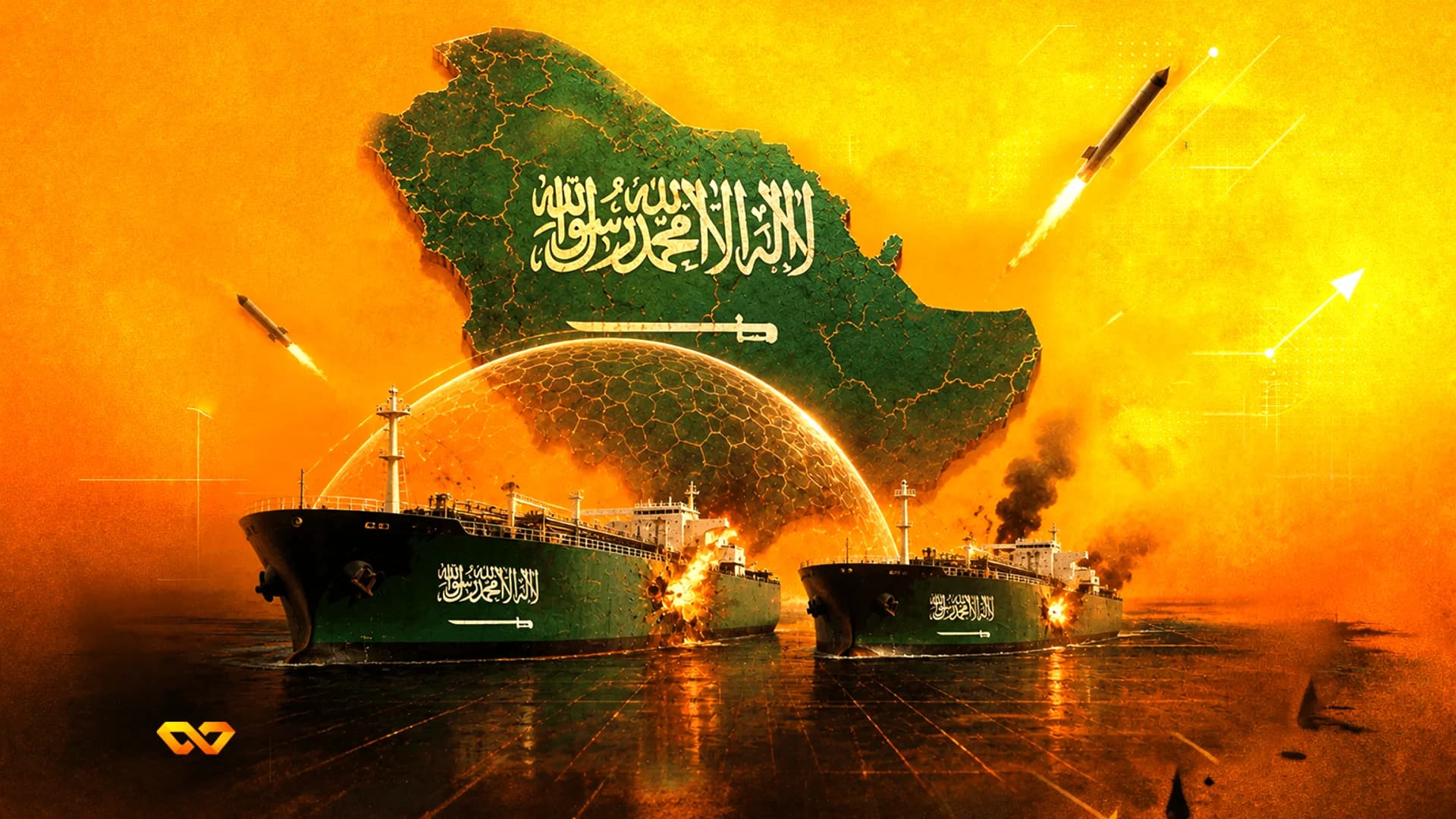 Map of Saudi Arabia above oil tankers, one under a dome and one smoking, with missiles in an orange sky.