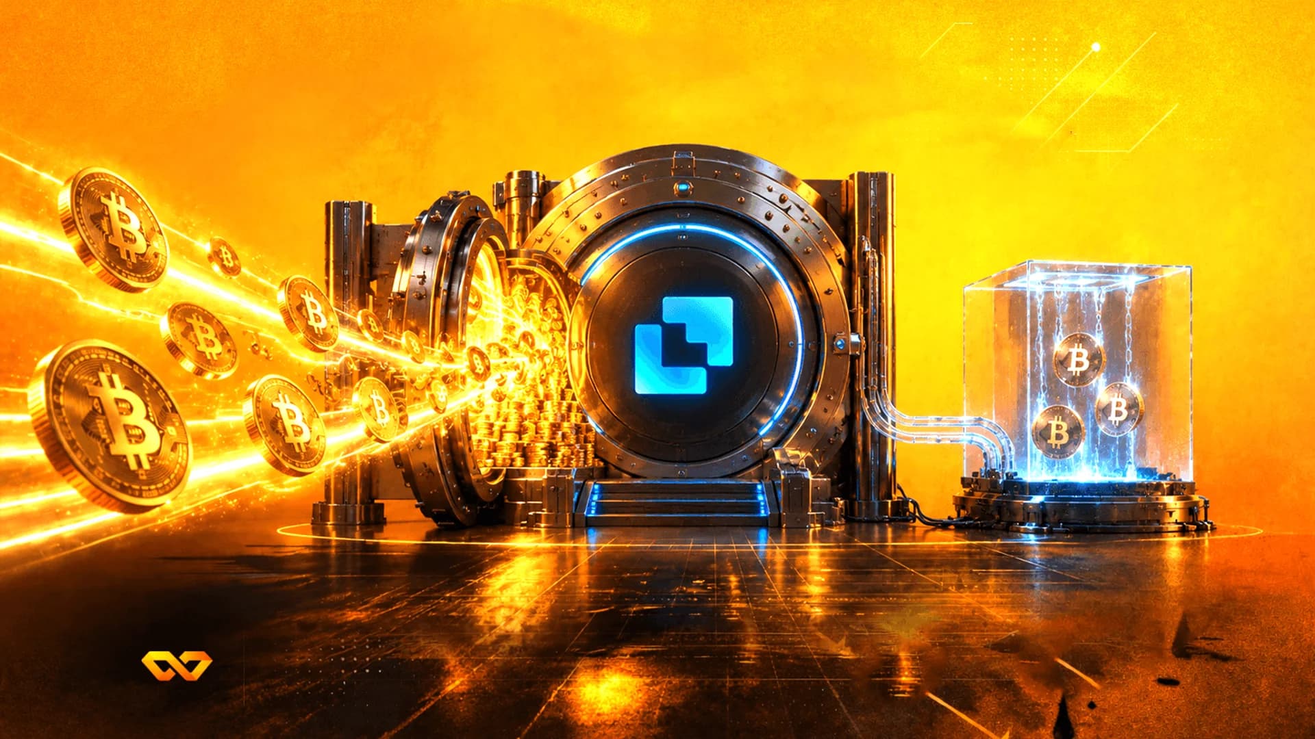Bitcoin coins flying out of a high-tech vault door against a textured orange background.