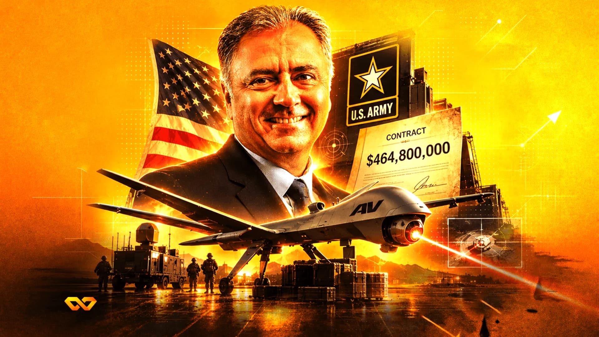 Collage featuring a man, a US flag, a US Army logo, a military drone, and a contract for $464,800,000.