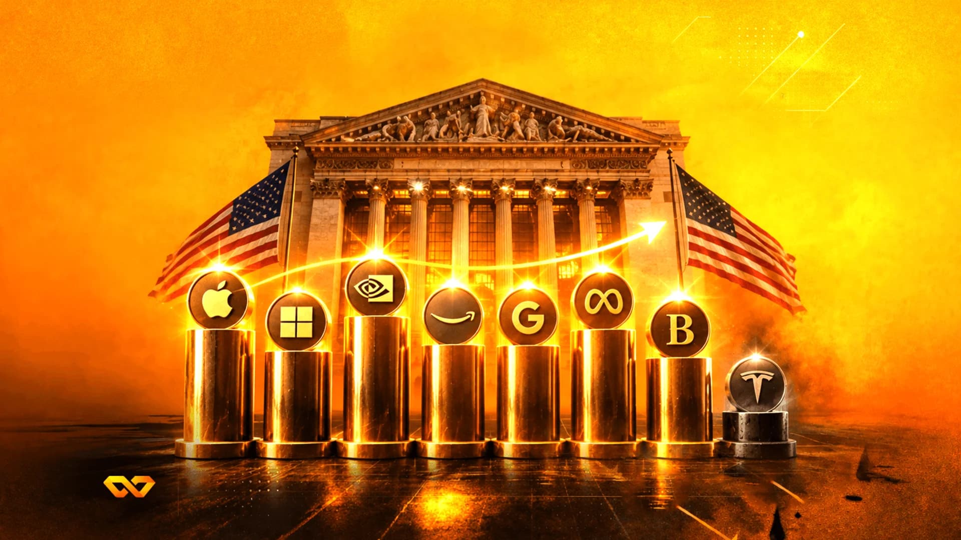 Golden pillars with tech company logos in front of a classical building with US flags and a rising arrow.