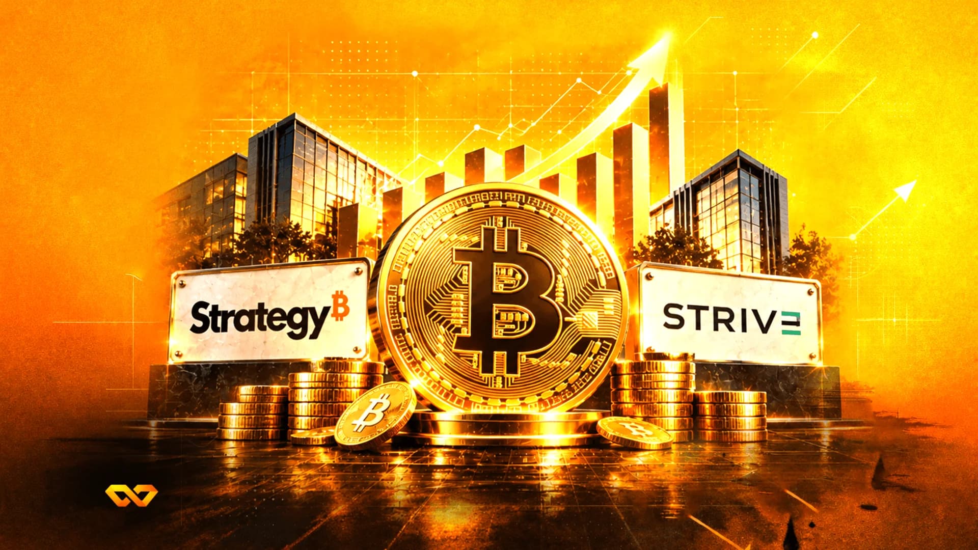 عملة بيتكوين ذهبية بين لافتتي Strategy وSTRIVE مع سهم صاعد وخلفية ناطحات سحاب.