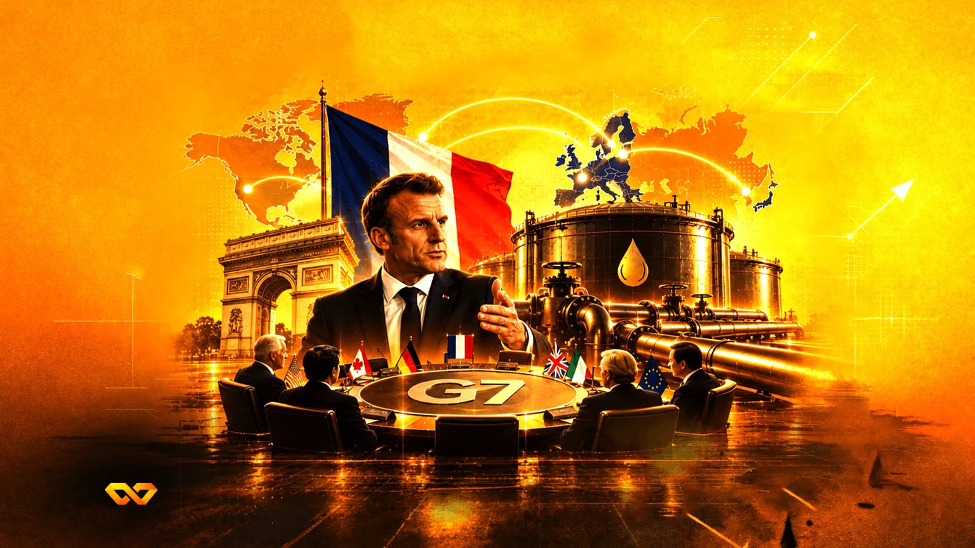 Emmanuel Macron at a G7 table with oil tanks, pipelines, and the French flag in a golden-toned digital collage.