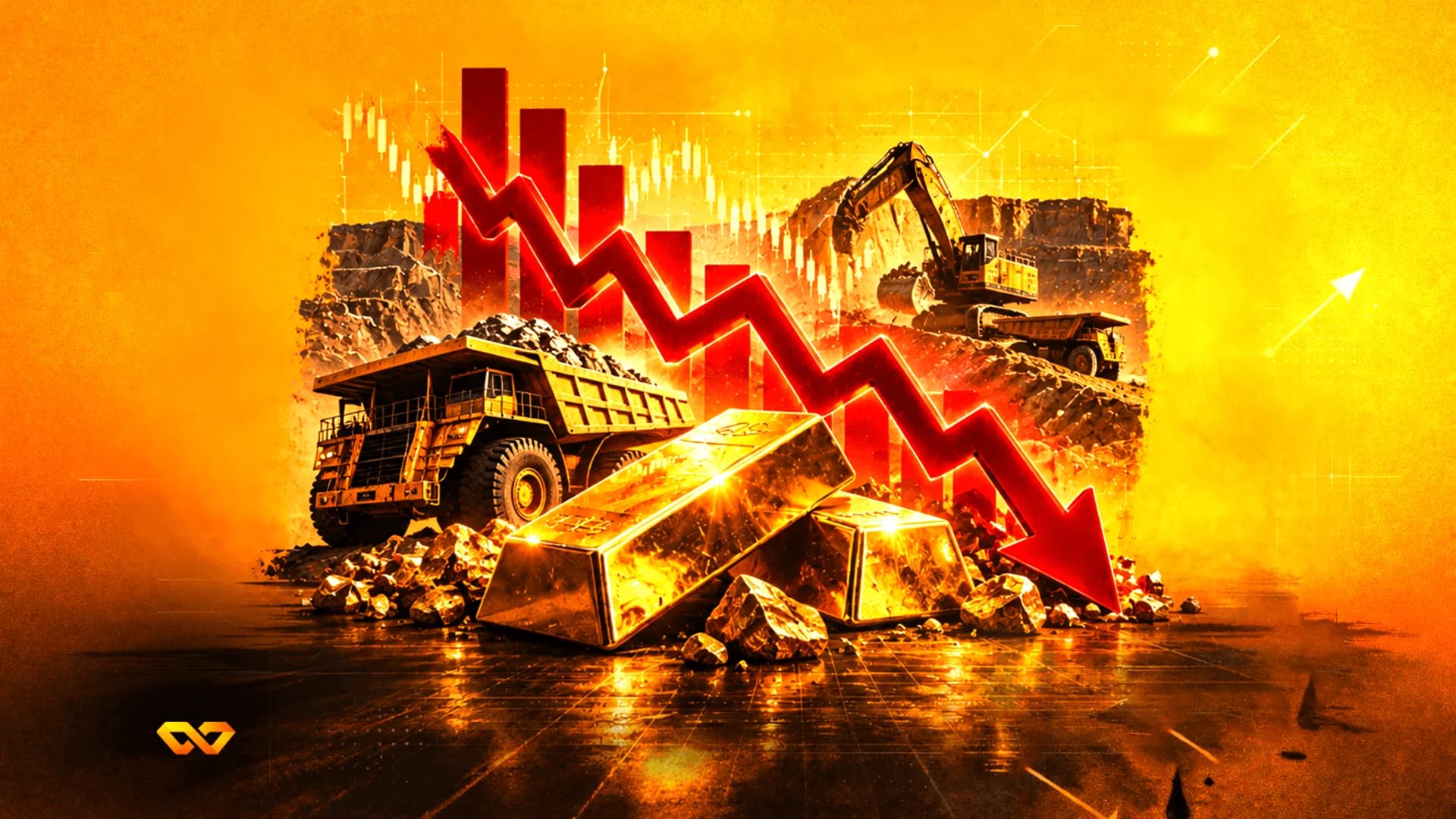 A red downward arrow over gold bars, a mining truck, and a bar chart on a yellow background.