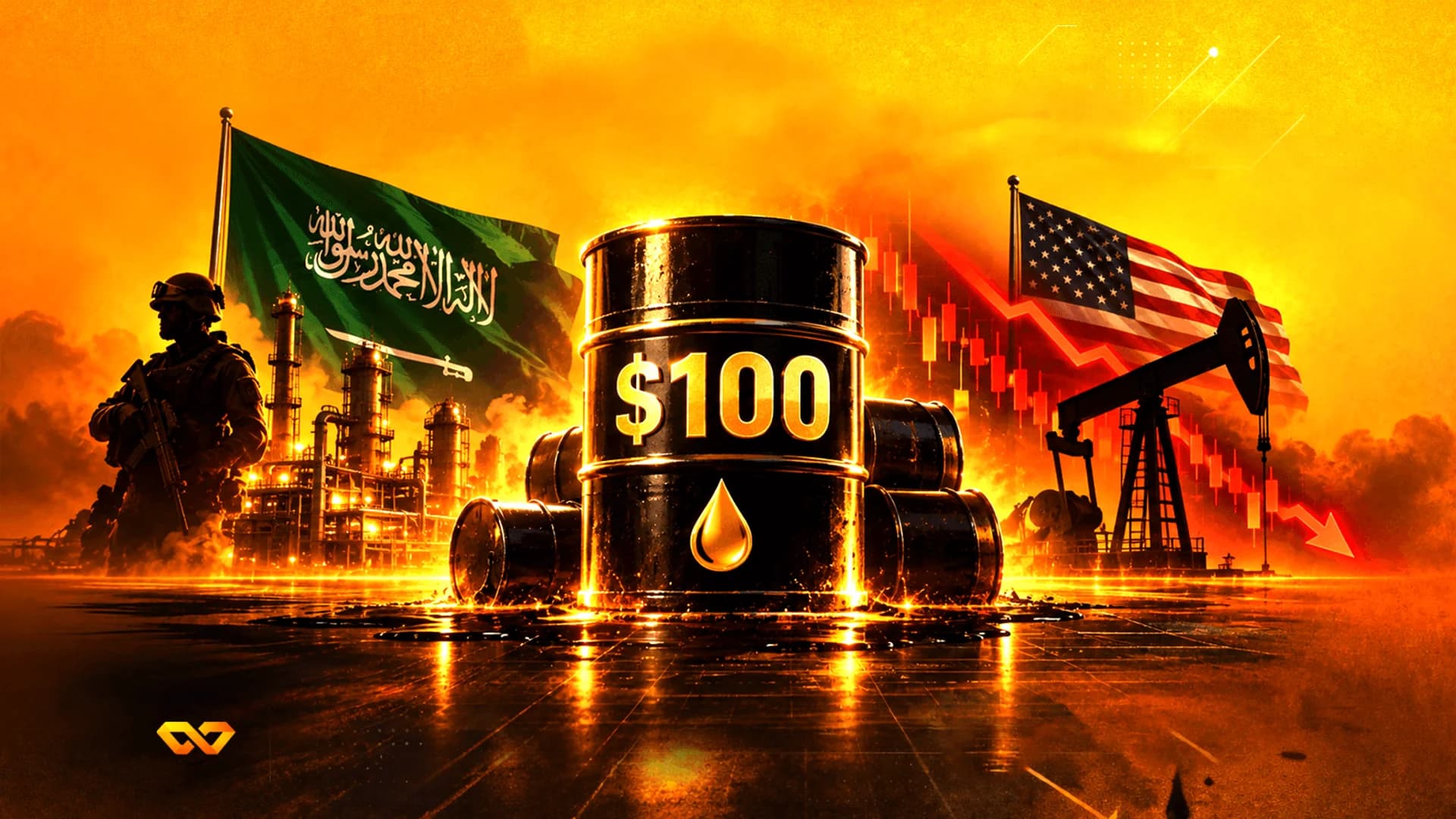 Oil barrel with $100 label between Saudi and US flags, featuring a refinery, pumpjack, and a red price chart.