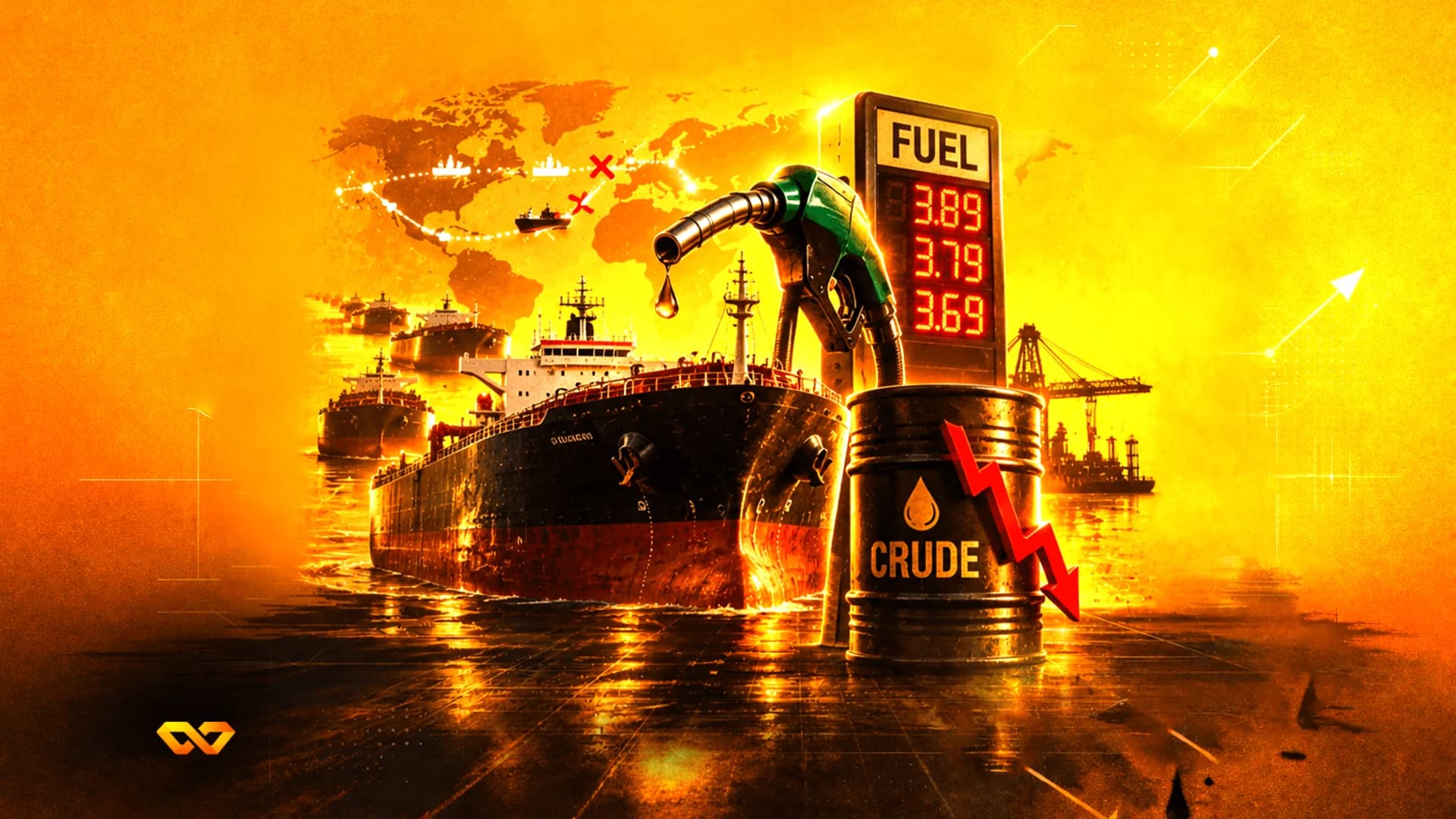 Oil tanker, fuel pump, and a crude oil barrel with a red downward arrow against a golden world map background.
